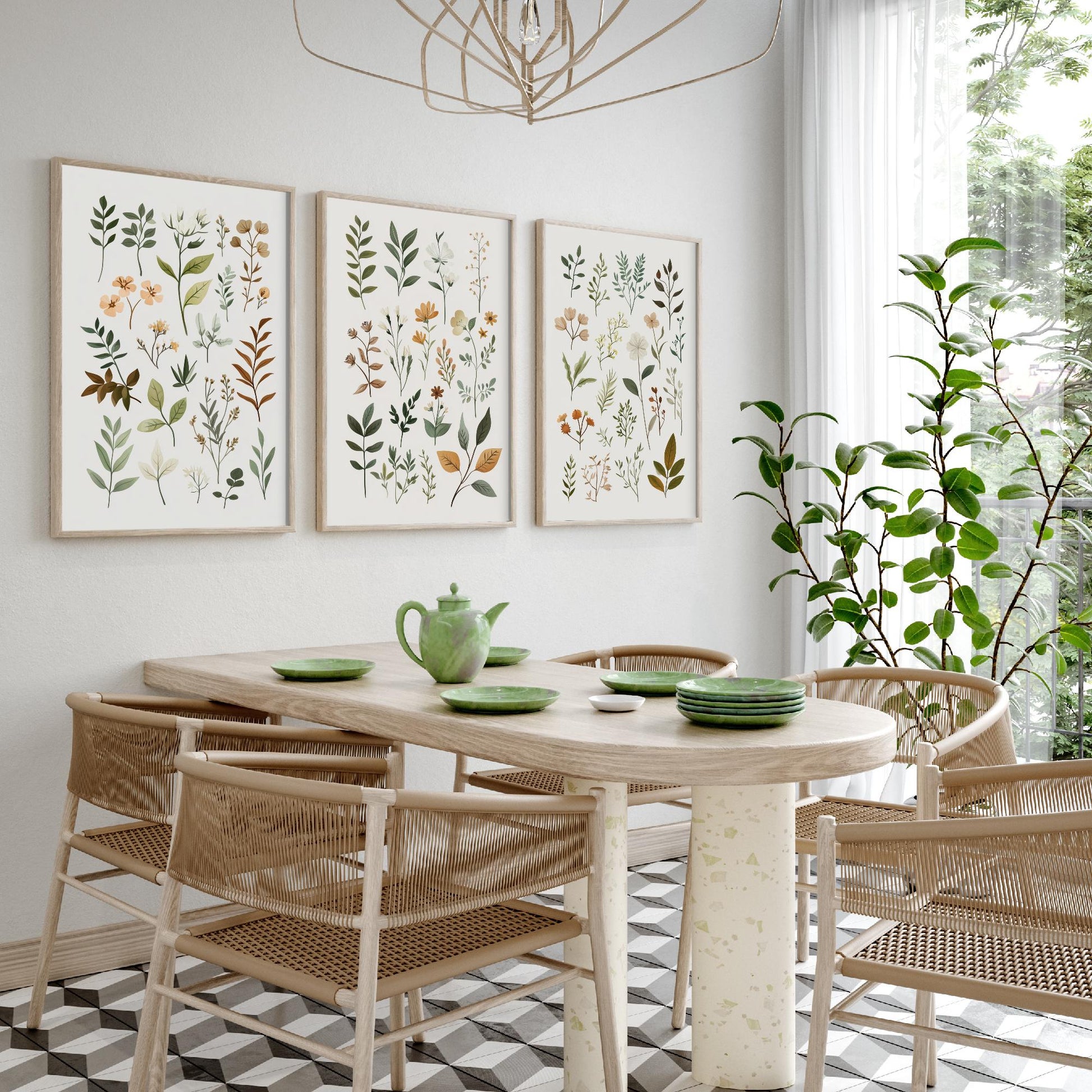Vintage Botanical Poster Set of Three Art Prints | Pressed Wildflower Leaf Sprigs Illustration V10