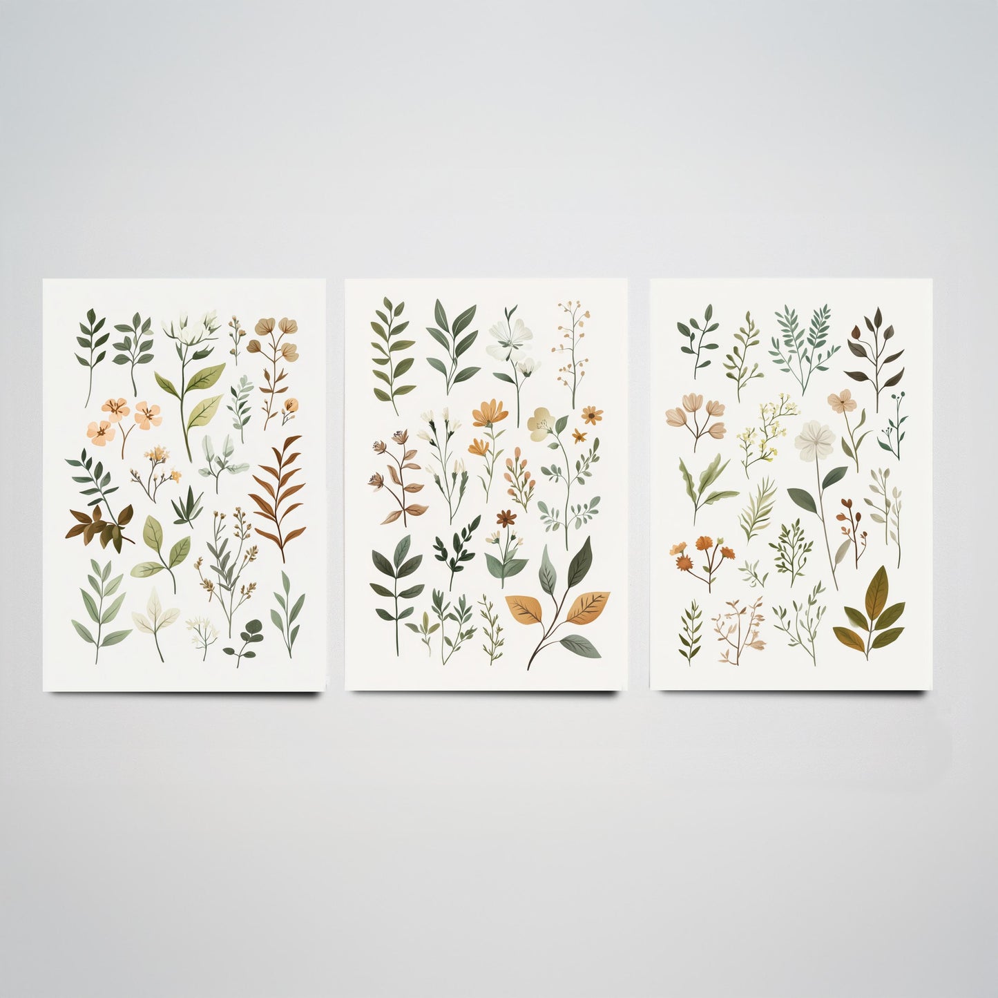 Vintage Botanical Poster Set of Three Art Prints | Pressed Wildflower Leaf Sprigs Illustration V10