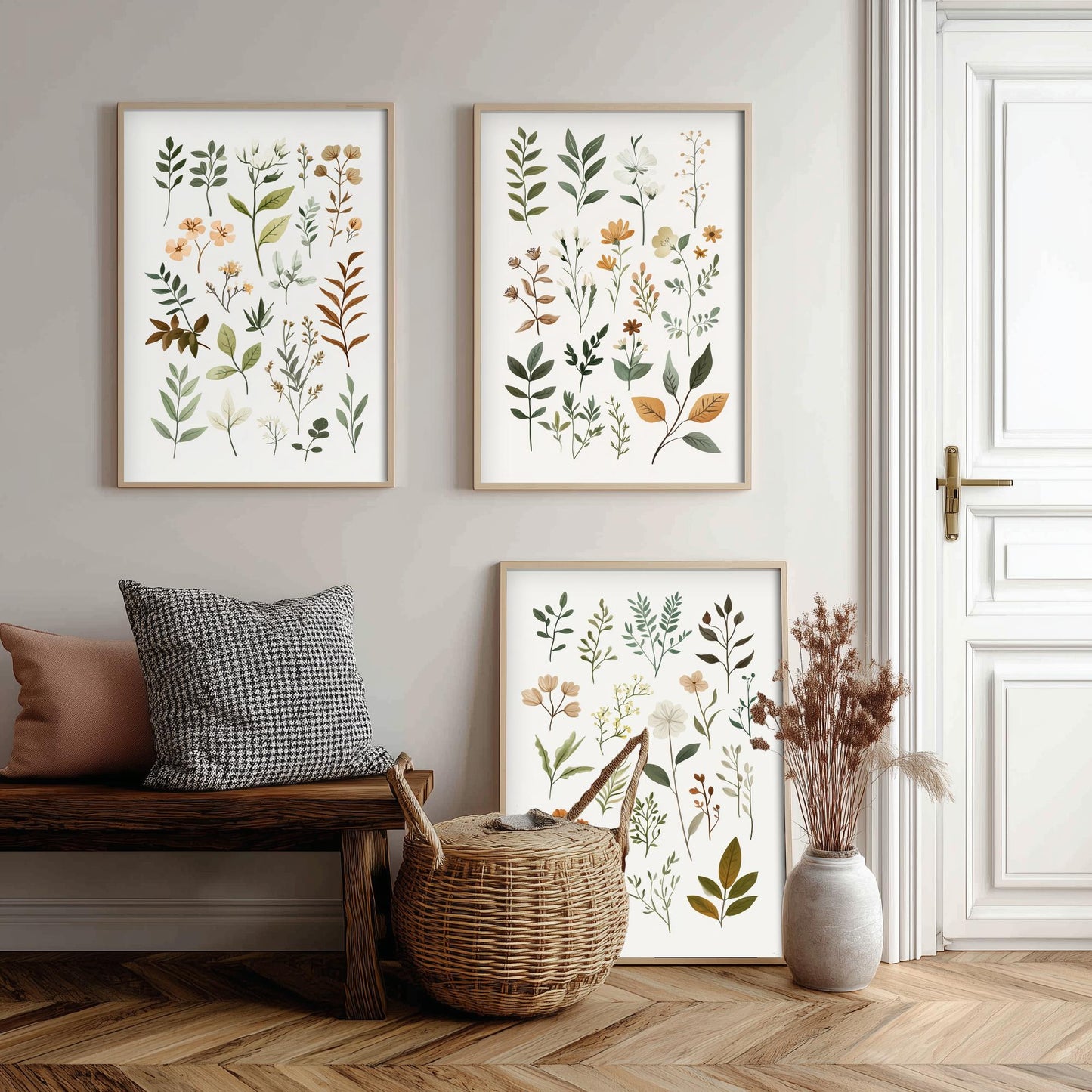 Vintage Botanical Poster Set of Three Art Prints | Pressed Wildflower Leaf Sprigs Illustration V10