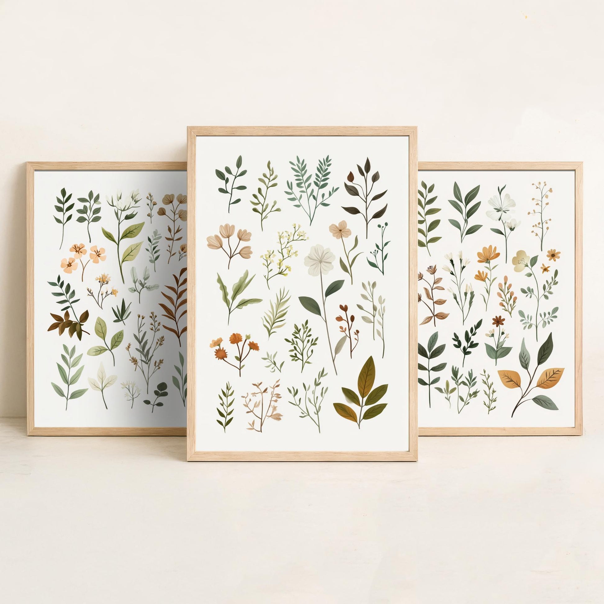Vintage Botanical Poster Set of Three Art Prints | Pressed Wildflower Leaf Sprigs Illustration V10