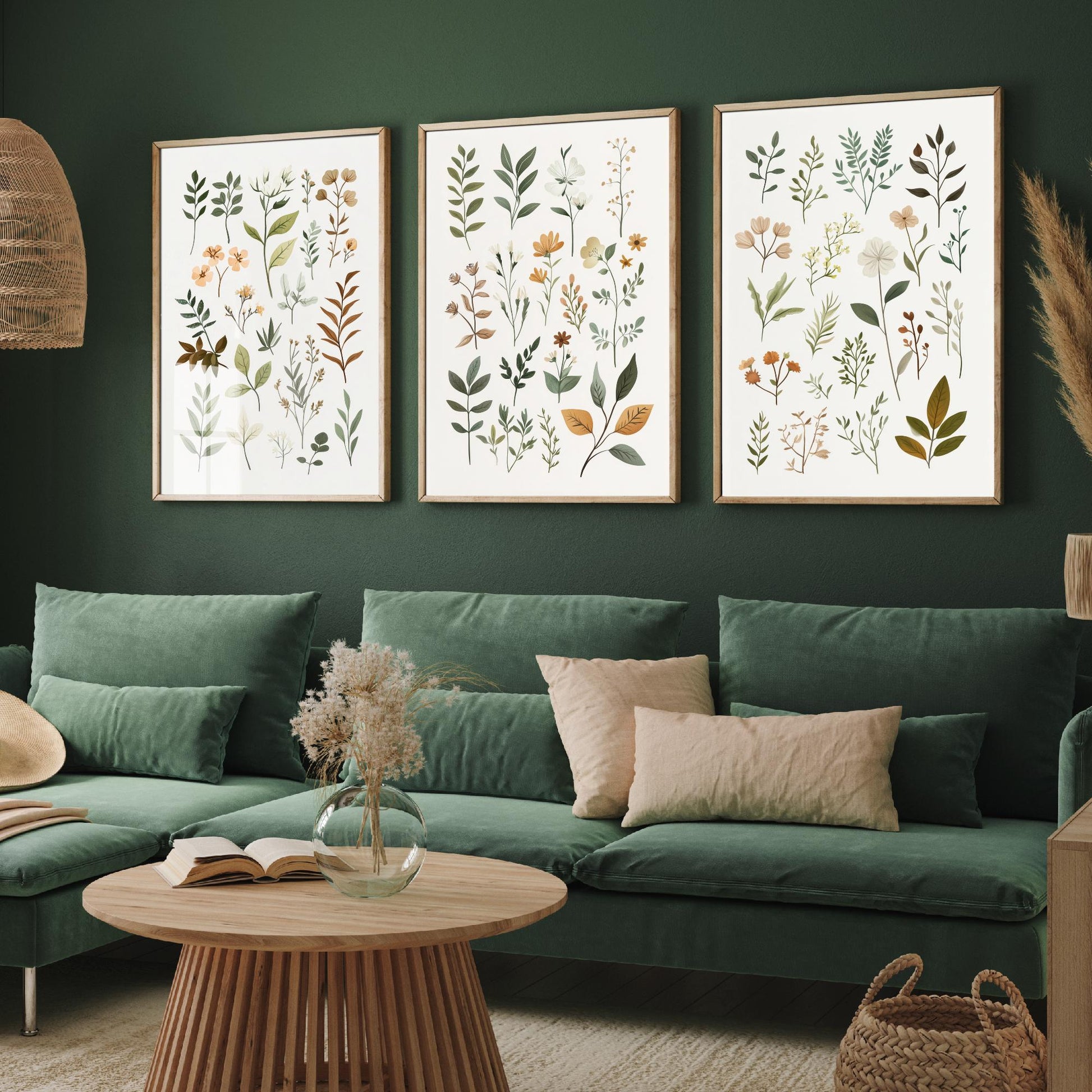 Vintage Botanical Poster Set of Three Art Prints | Pressed Wildflower Leaf Sprigs Illustration V10