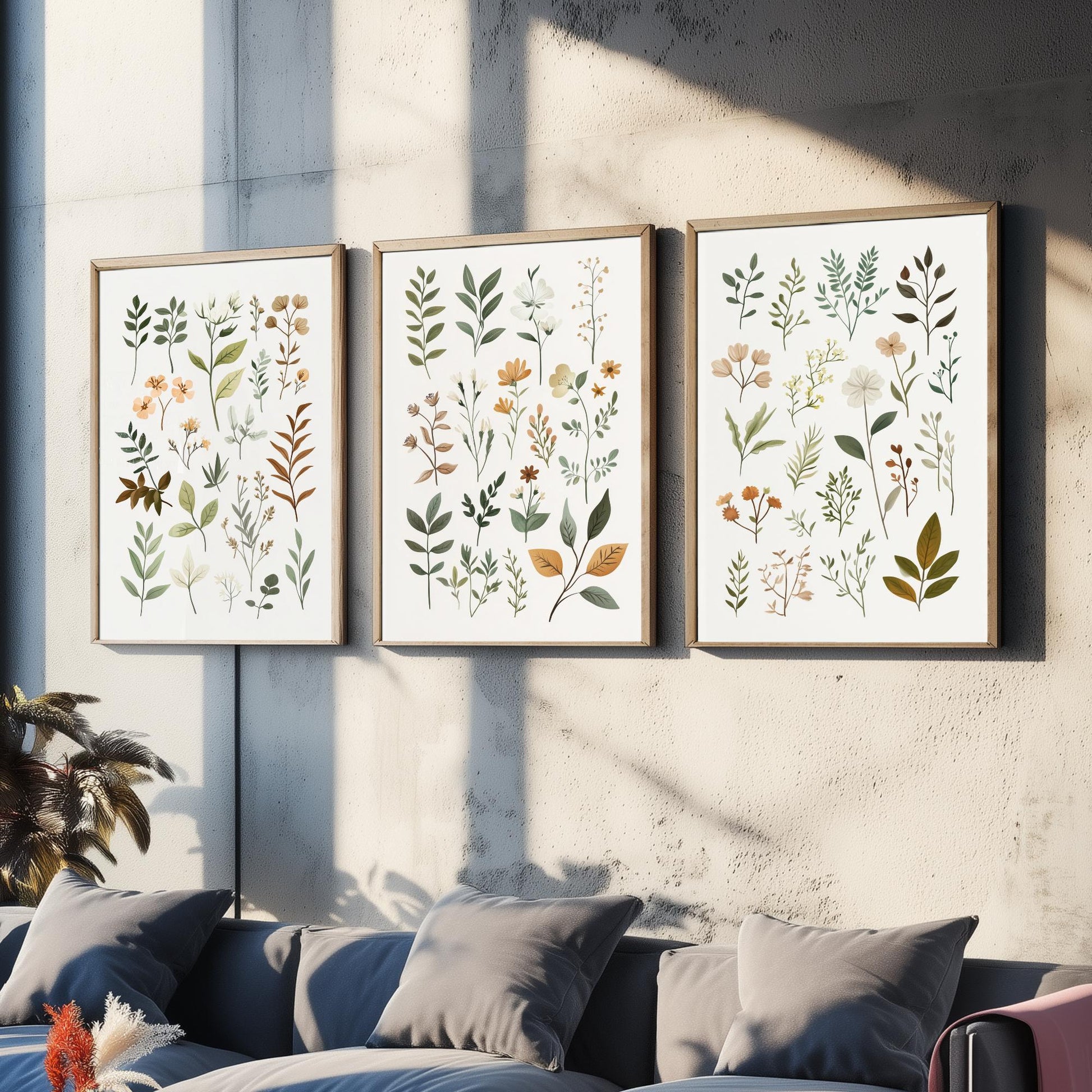 Vintage Botanical Poster Set of Three Art Prints | Pressed Wildflower Leaf Sprigs Illustration V10
