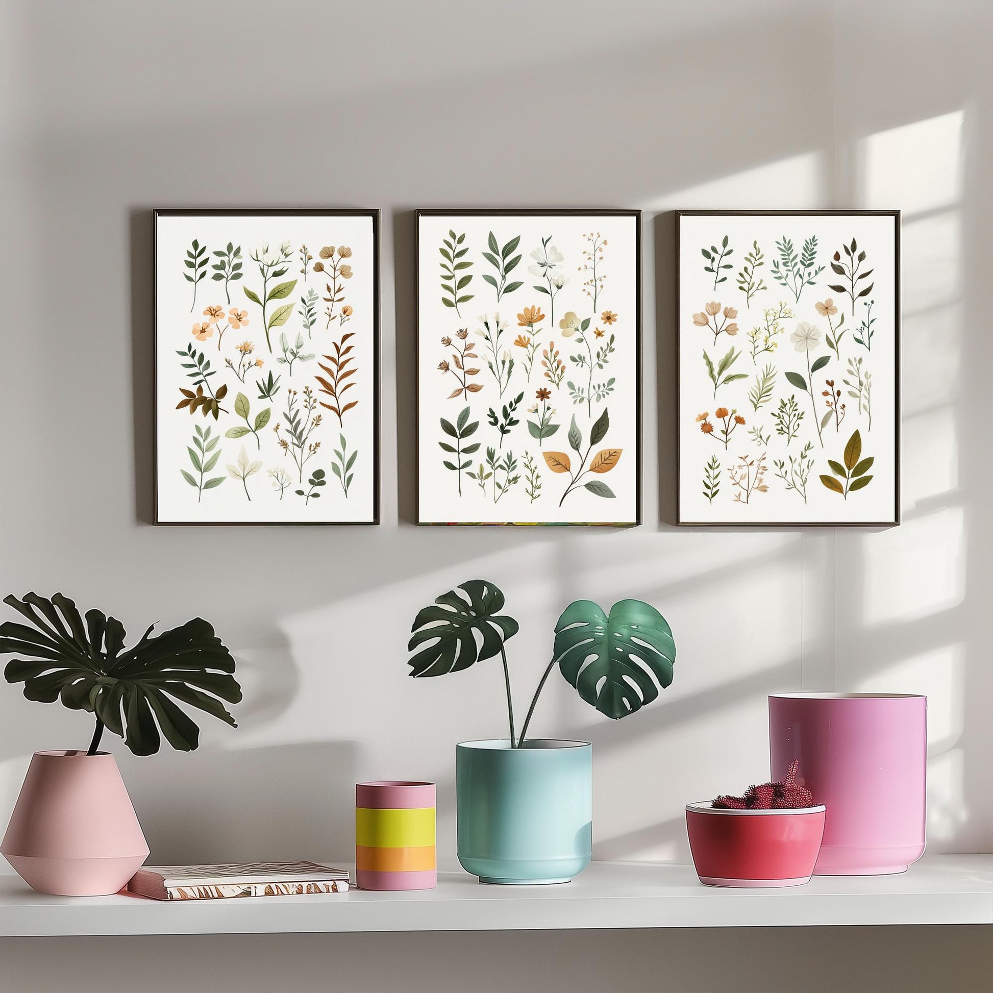Vintage Botanical Poster Set of Three Art Prints | Pressed Wildflower Leaf Sprigs Illustration V10