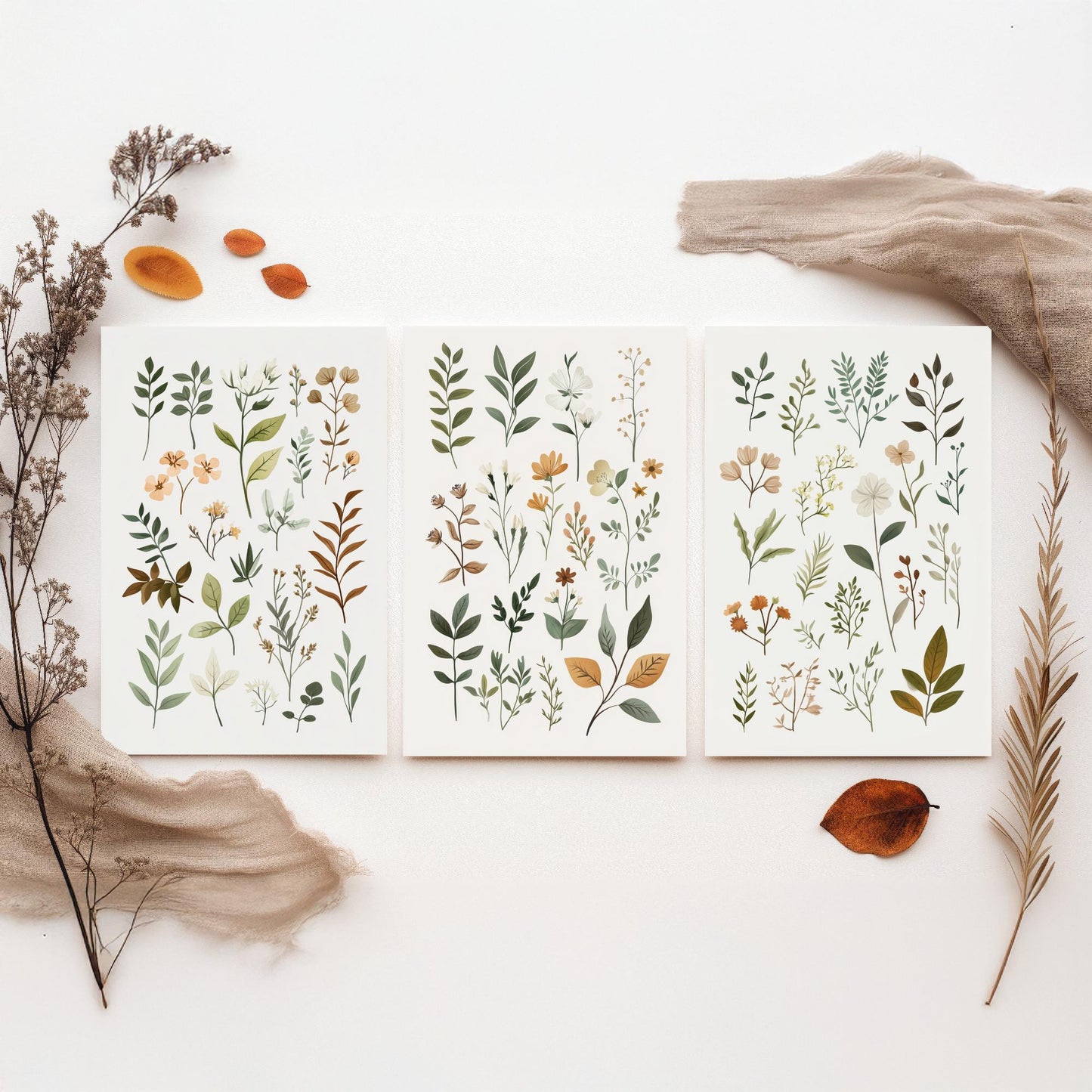 Vintage Botanical Poster Set of Three Art Prints | Pressed Wildflower Leaf Sprigs Illustration V10