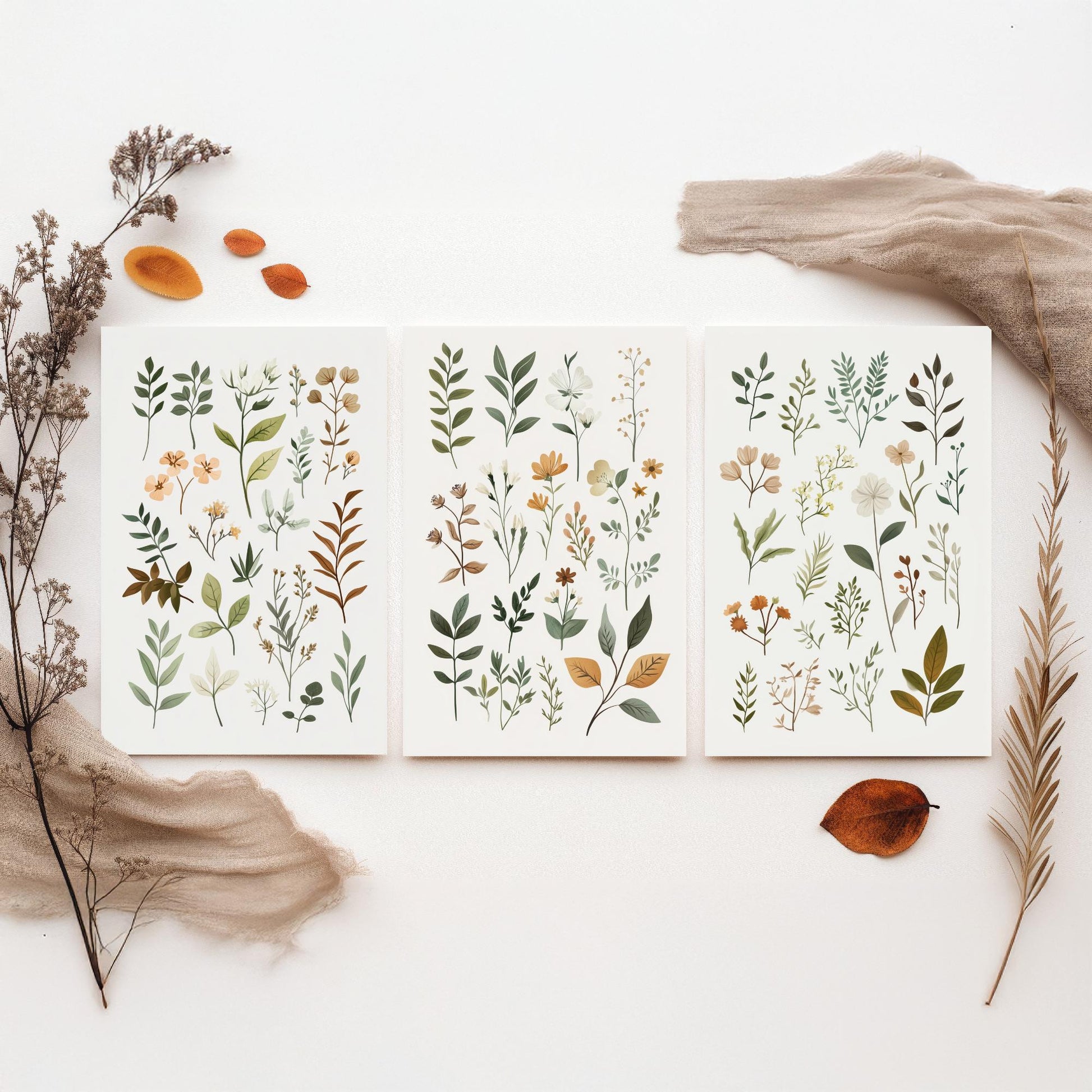 Vintage Botanical Poster Set of Three Art Prints | Pressed Wildflower Leaf Sprigs Illustration V10