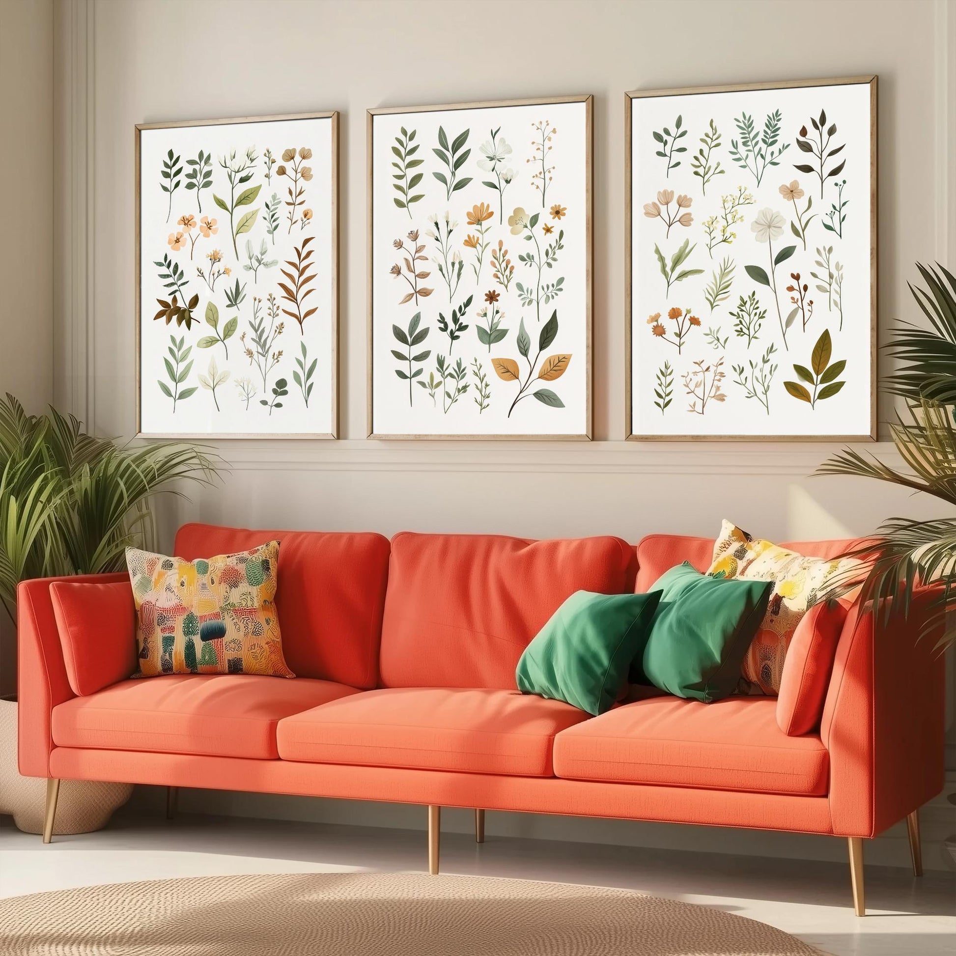 Vintage Botanical Poster Set of Three Art Prints | Pressed Wildflower Leaf Sprigs Illustration V10