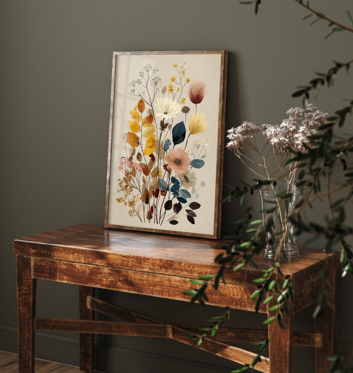 Vintage Wildflower Art Print - Autumn Bouquet Poster - Botanical Painting - Mustard Blooms V11 1/3