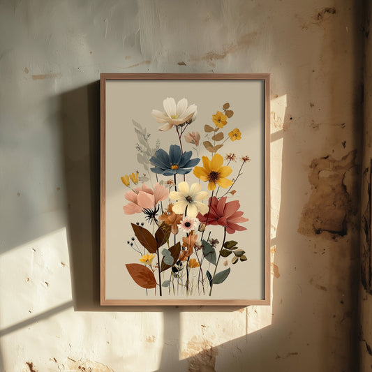 Vintage Wildflower Art Print - Meadow Bouquet Poster - Botanical Painting - Warm Blooms V11 2/3