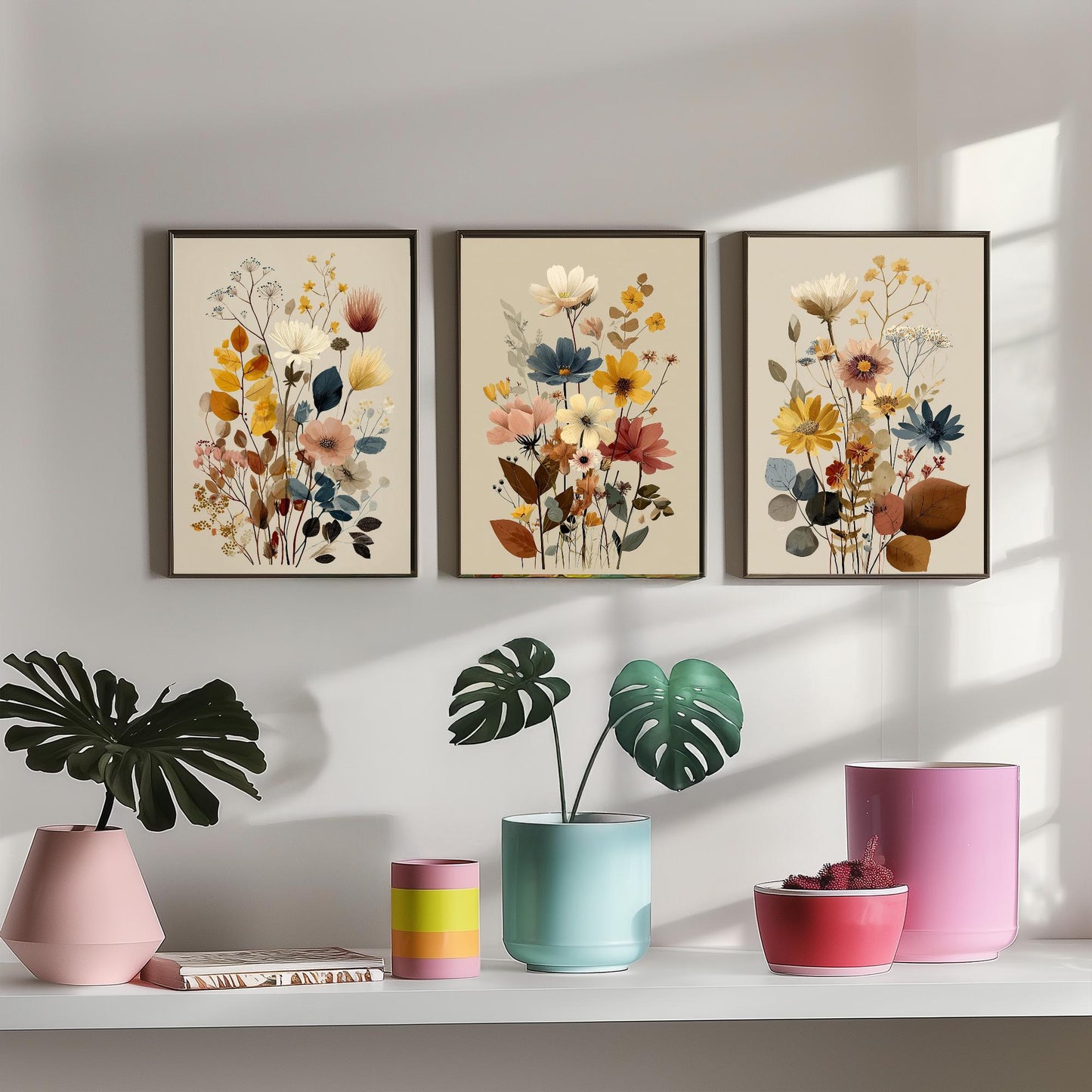 Vintage Wildflower Poster Set of Three Art Prints | Cosmos Zinnia Bouquet Painting V11