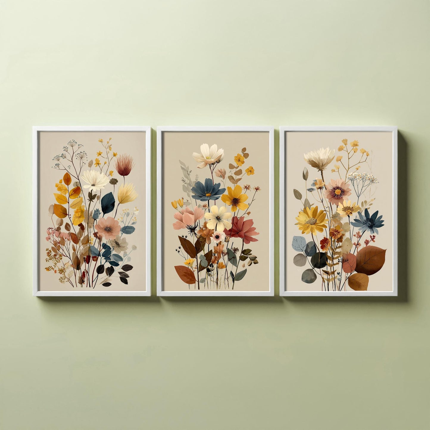 Vintage Wildflower Poster Set of Three Art Prints | Cosmos Zinnia Bouquet Painting V11