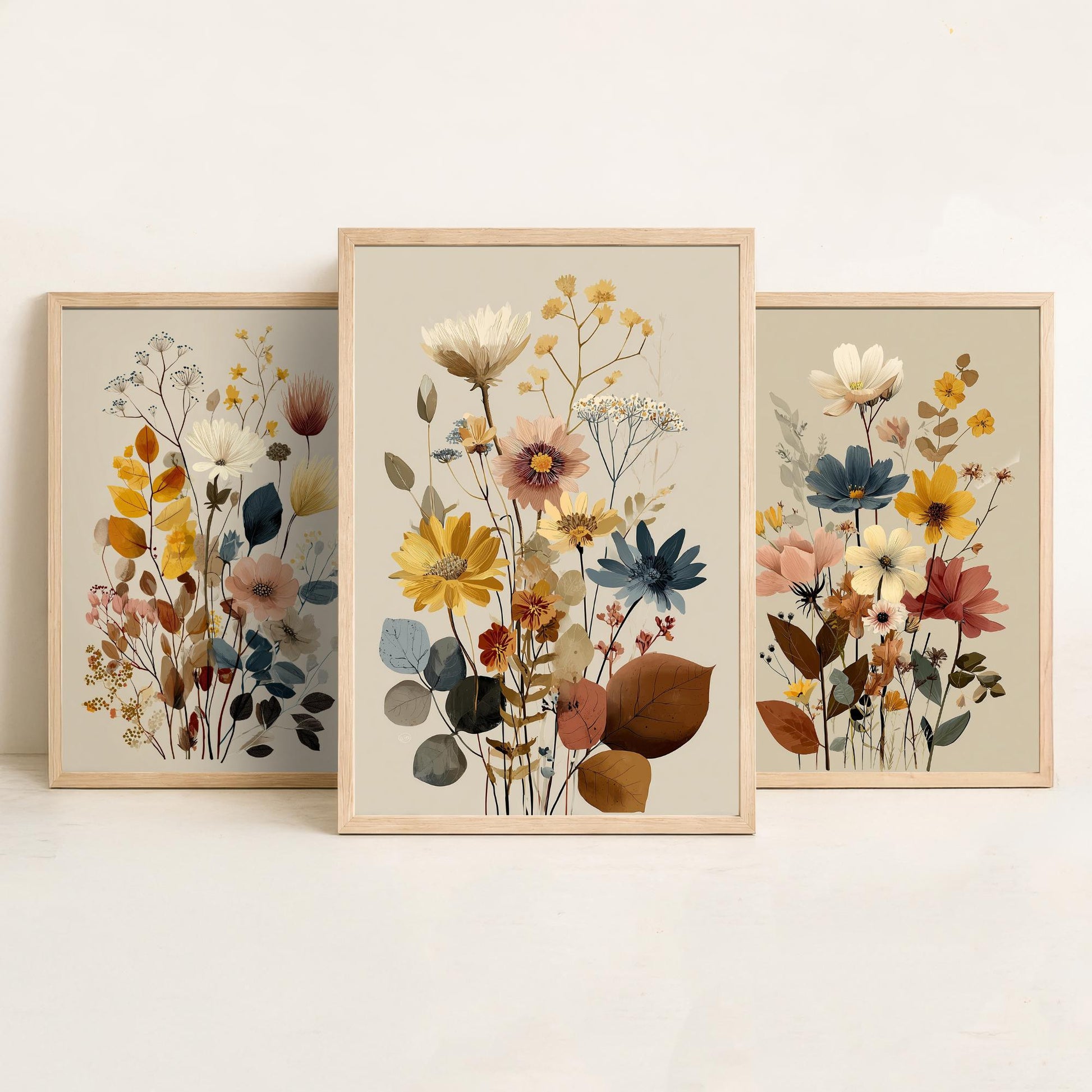 Vintage Wildflower Poster Set of Three Art Prints | Cosmos Zinnia Bouquet Painting V11