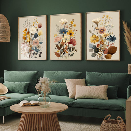 Vintage Wildflower Poster Set of Three Art Prints | Cosmos Zinnia Bouquet Painting V11