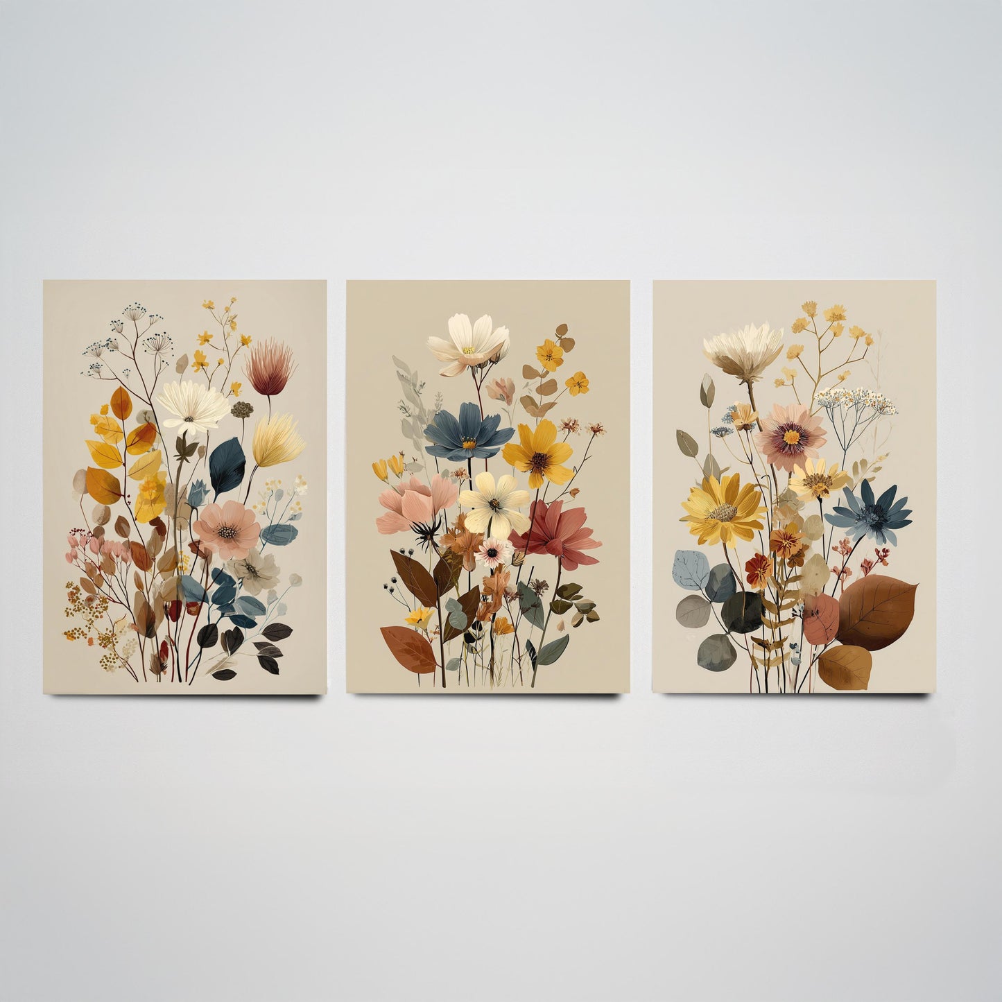 Vintage Wildflower Poster Set of Three Art Prints | Cosmos Zinnia Bouquet Painting V11