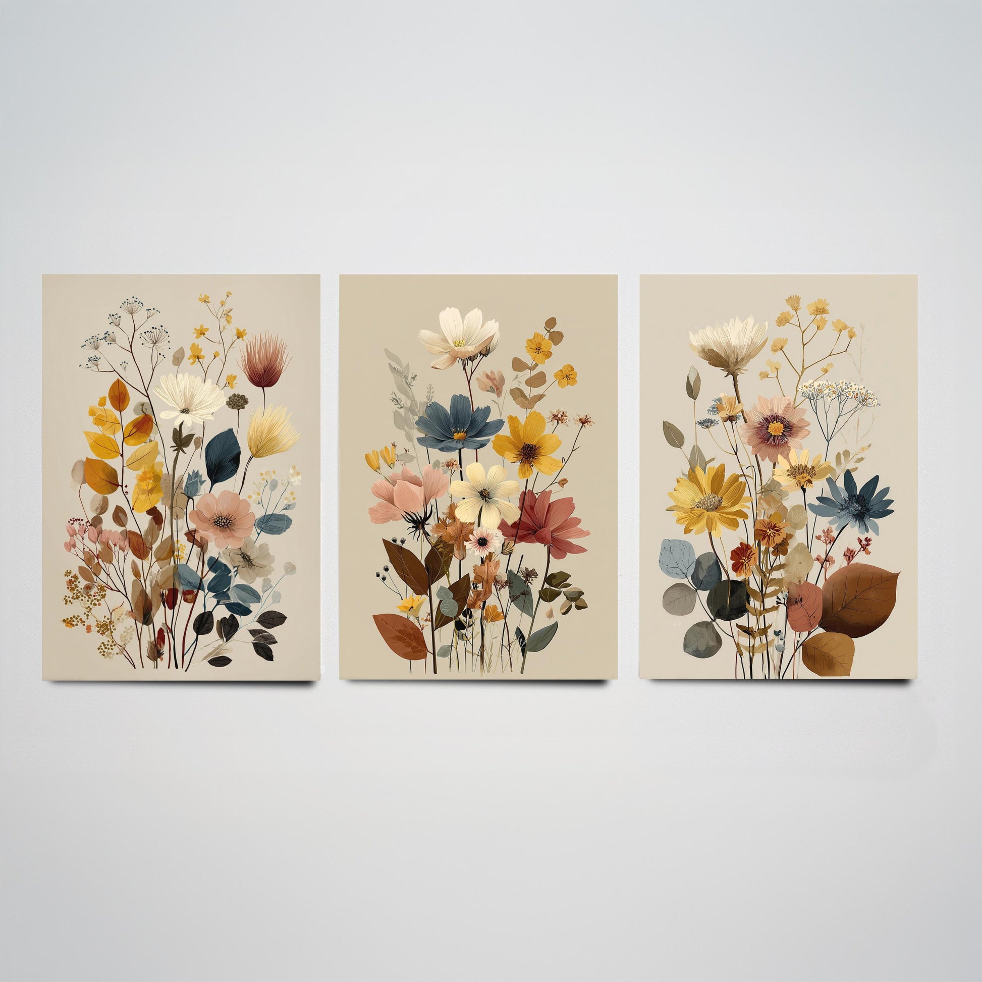 Vintage Wildflower Poster Set of Three Art Prints | Cosmos Zinnia Bouquet Painting V11