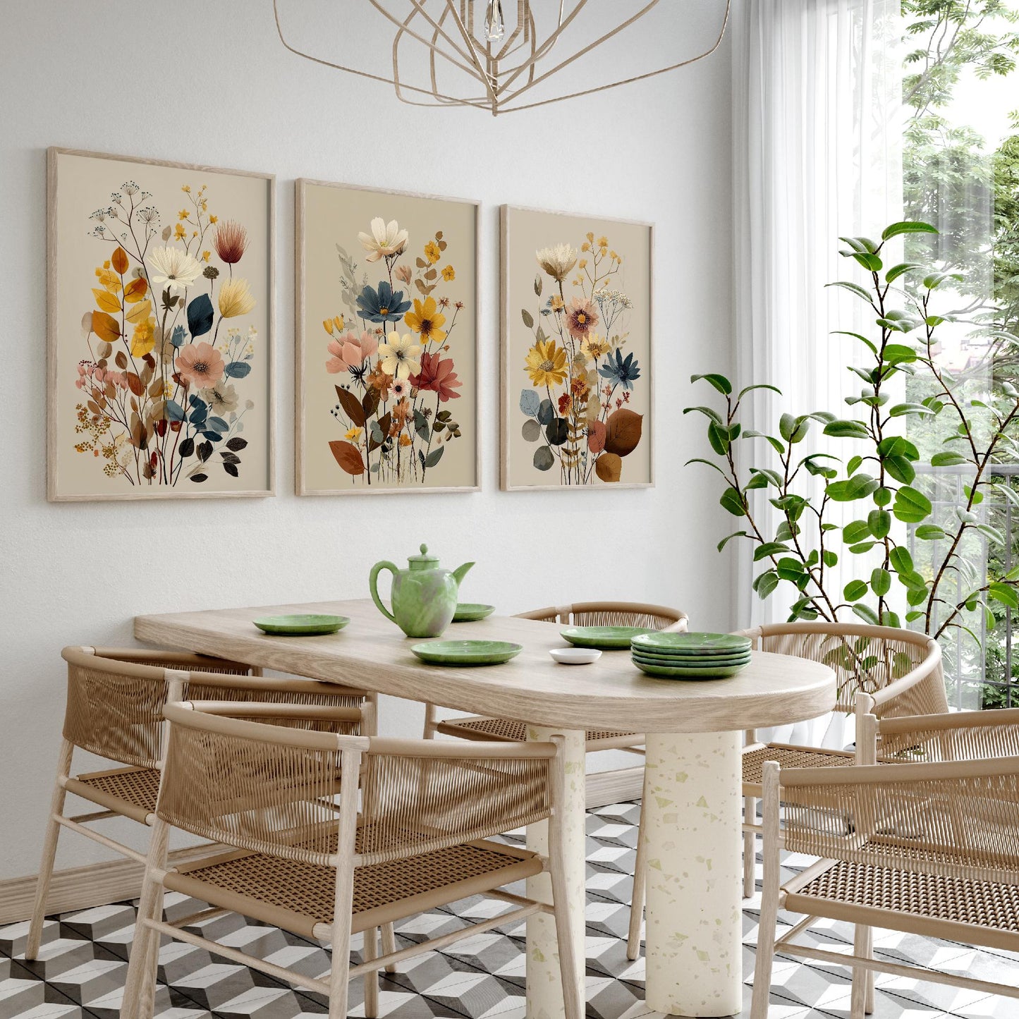 Vintage Wildflower Poster Set of Three Art Prints | Cosmos Zinnia Bouquet Painting V11