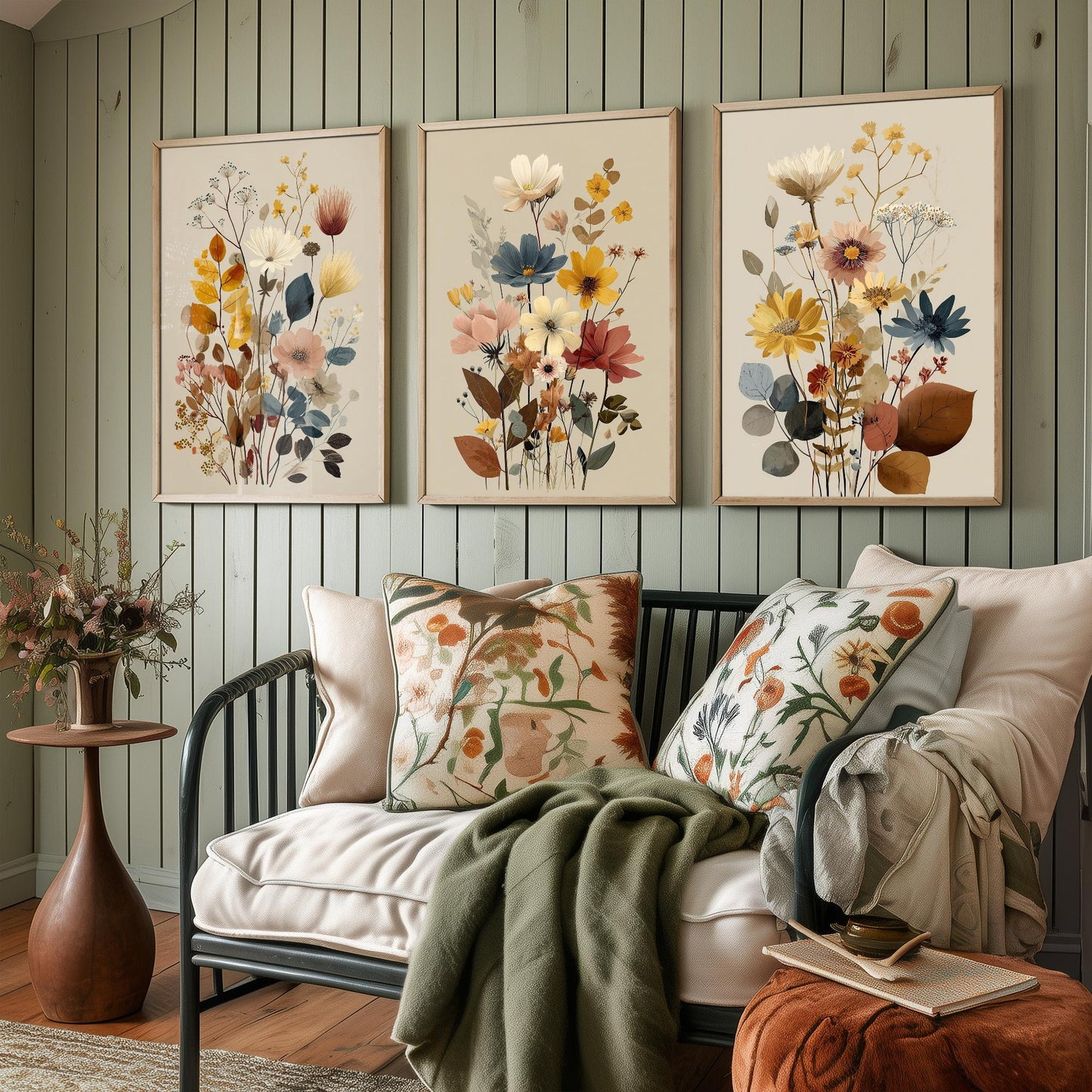 Vintage Wildflower Poster Set of Three Art Prints | Cosmos Zinnia Bouquet Painting V11
