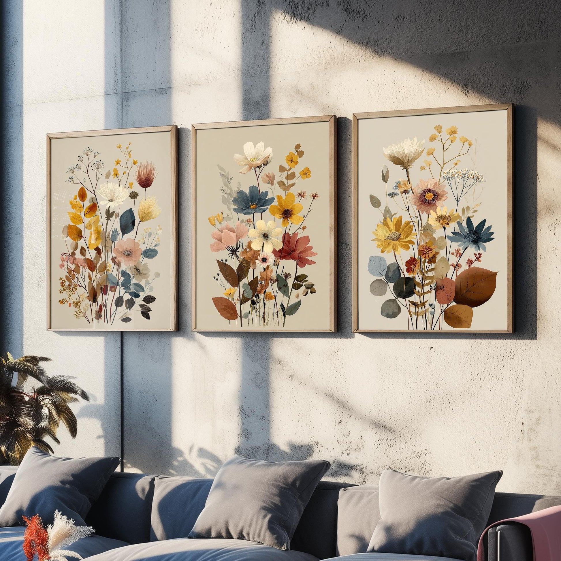 Vintage Wildflower Poster Set of Three Art Prints | Cosmos Zinnia Bouquet Painting V11
