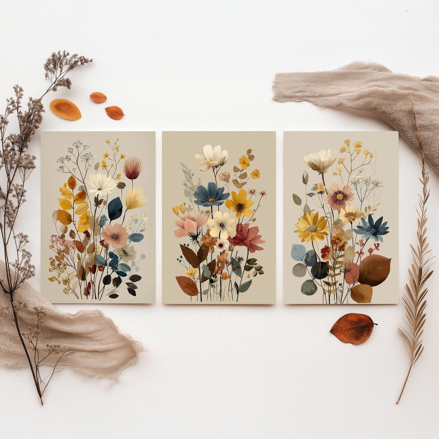 Vintage Wildflower Poster Set of Three Art Prints | Cosmos Zinnia Bouquet Painting V11
