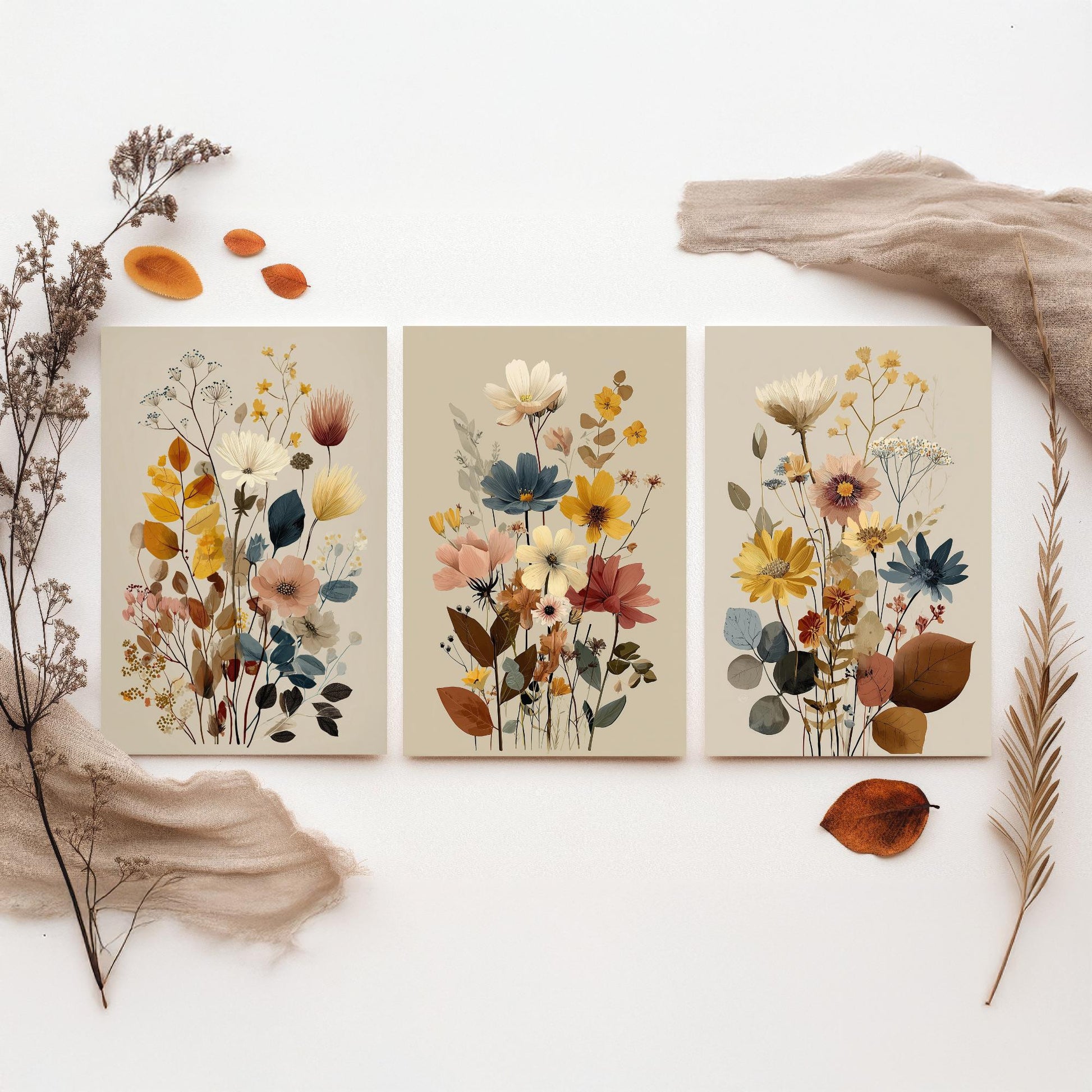 Vintage Wildflower Poster Set of Three Art Prints | Cosmos Zinnia Bouquet Painting V11