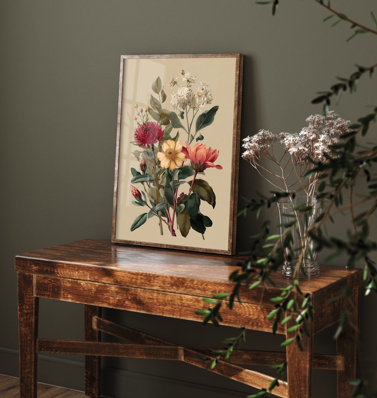 Vintage Botanical Art Print - Wildflower Bouquet Poster - Classic Botanical Illustration - Crimson Blooms V12 2/3