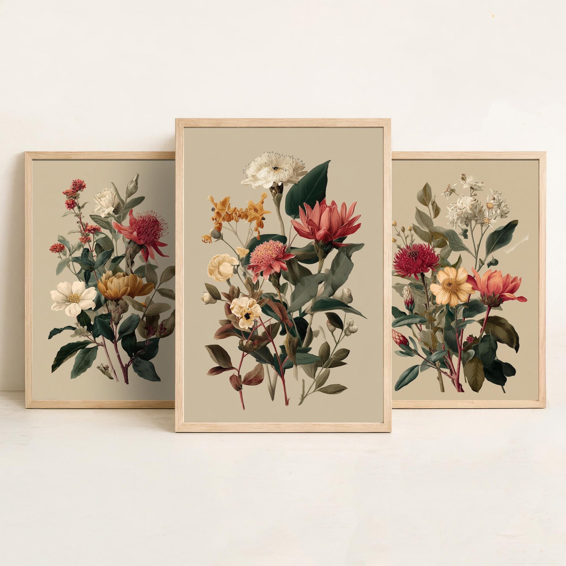 Vintage Botanical Poster Set of Three Art Prints | Protea Camellia Dahlia Illustration V12
