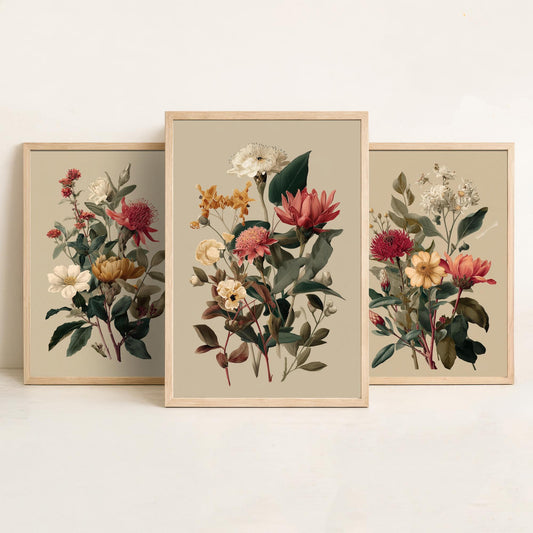 Vintage Botanical Poster Set of Three Art Prints | Protea Camellia Dahlia Illustration V12