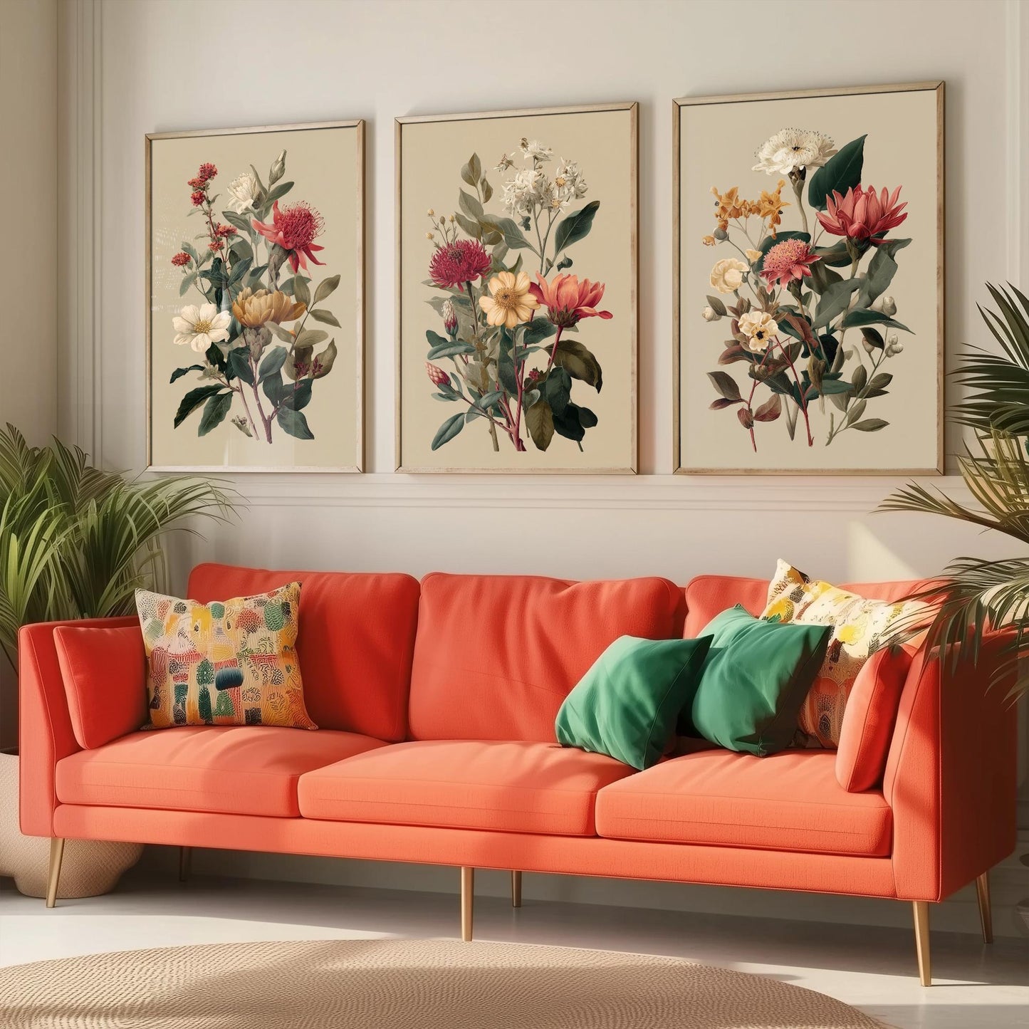 Vintage Botanical Poster Set of Three Art Prints | Protea Camellia Dahlia Illustration V12