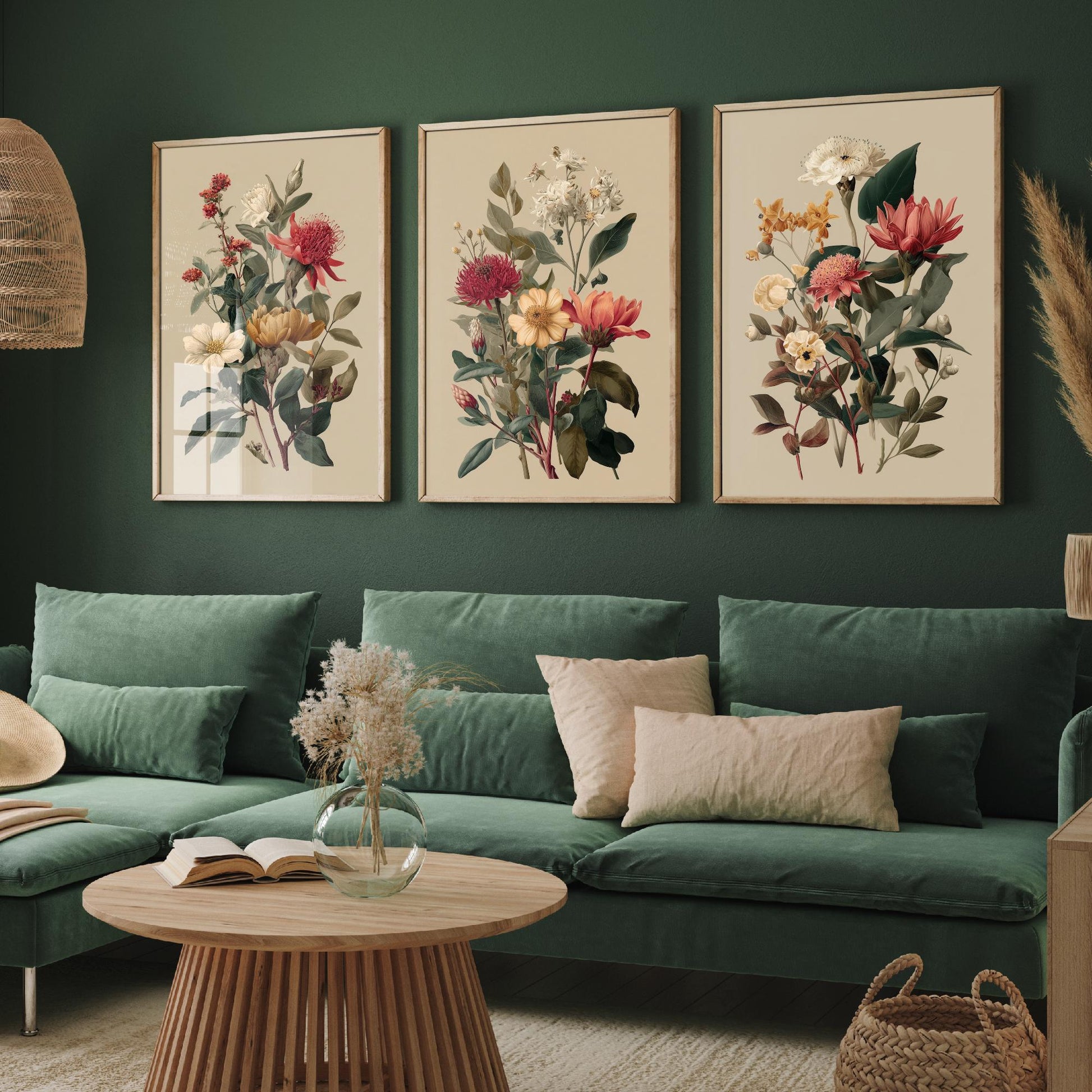 Vintage Botanical Poster Set of Three Art Prints | Protea Camellia Dahlia Illustration V12
