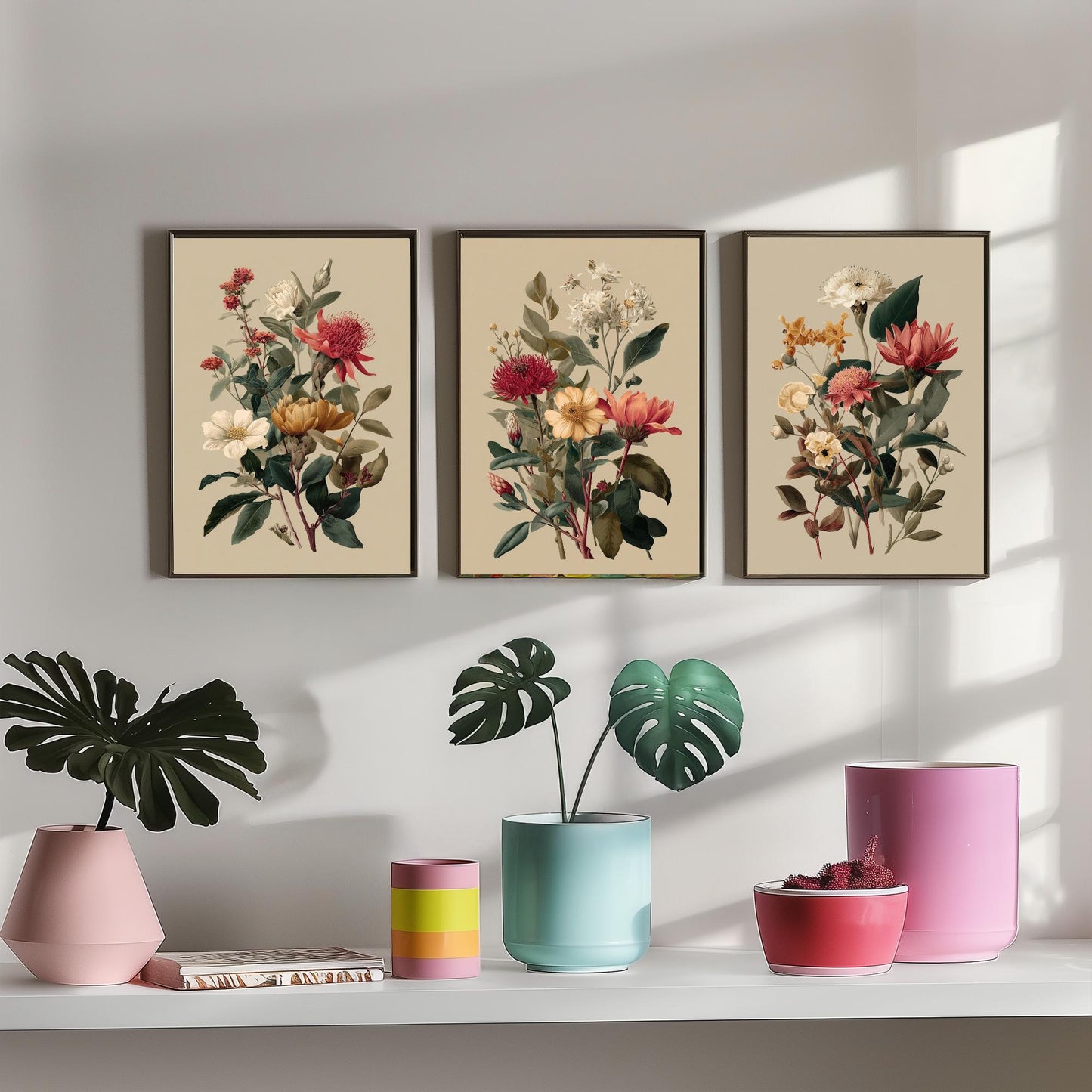 Vintage Botanical Poster Set of Three Art Prints | Protea Camellia Dahlia Illustration V12