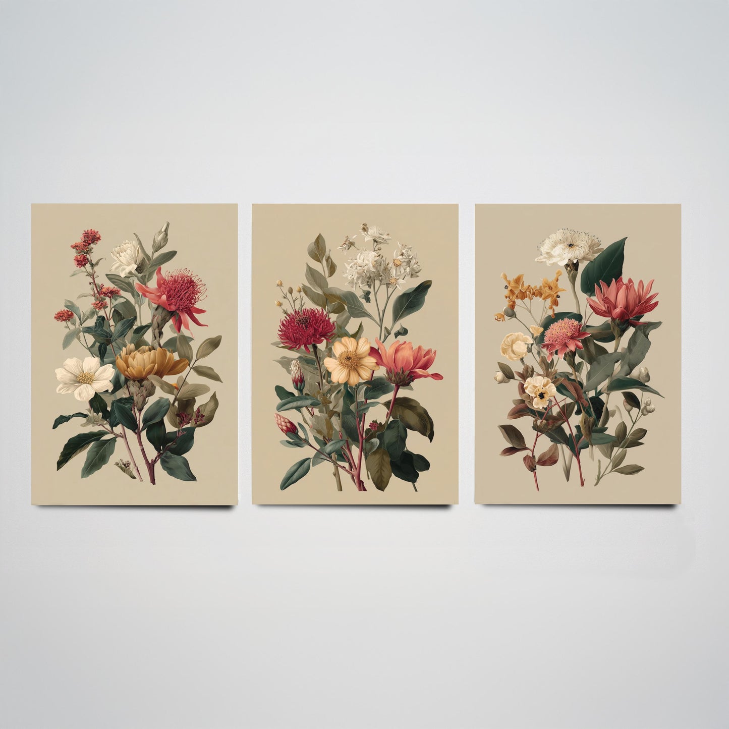 Vintage Botanical Poster Set of Three Art Prints | Protea Camellia Dahlia Illustration V12