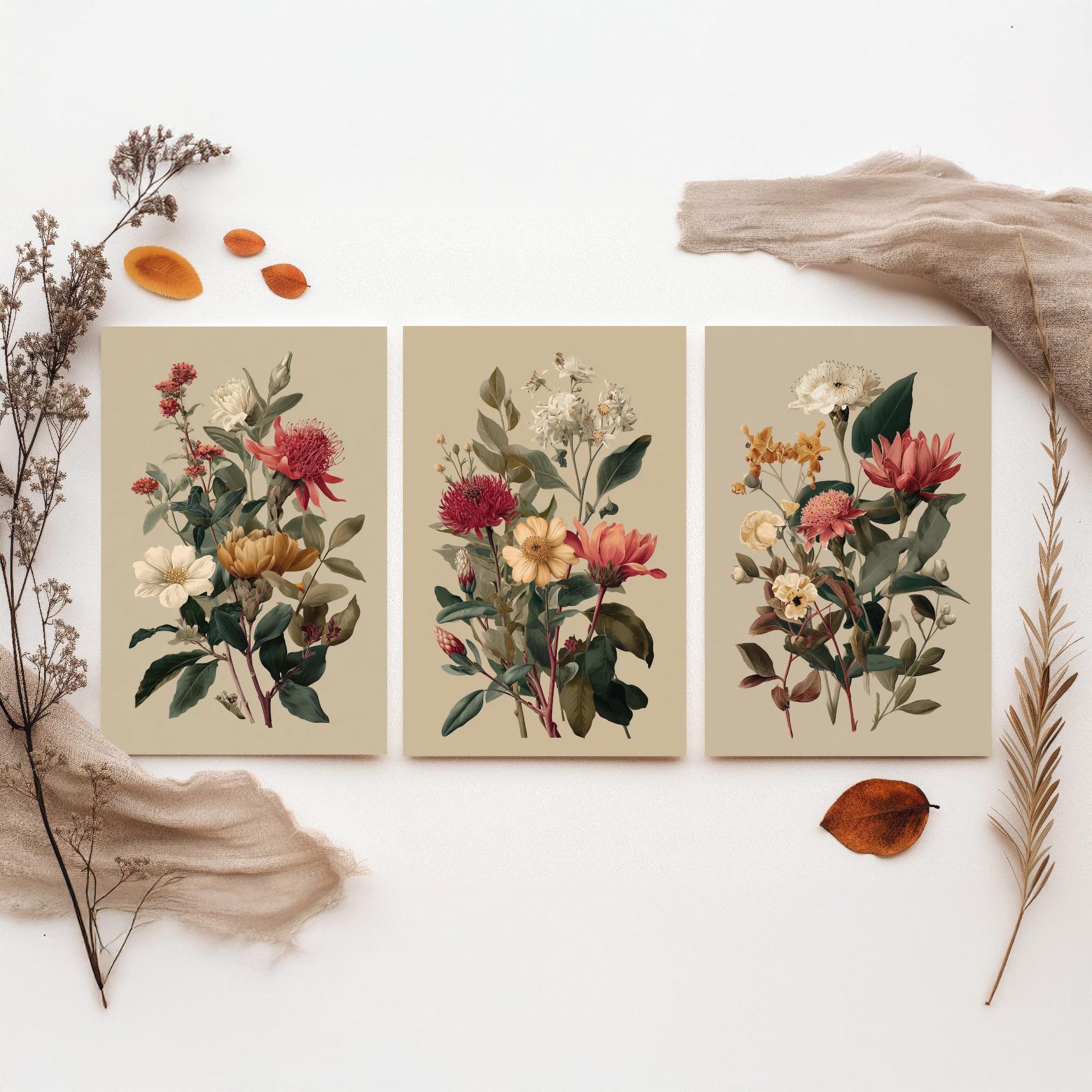 Vintage Botanical Poster Set of Three Art Prints | Protea Camellia Dahlia Illustration V12