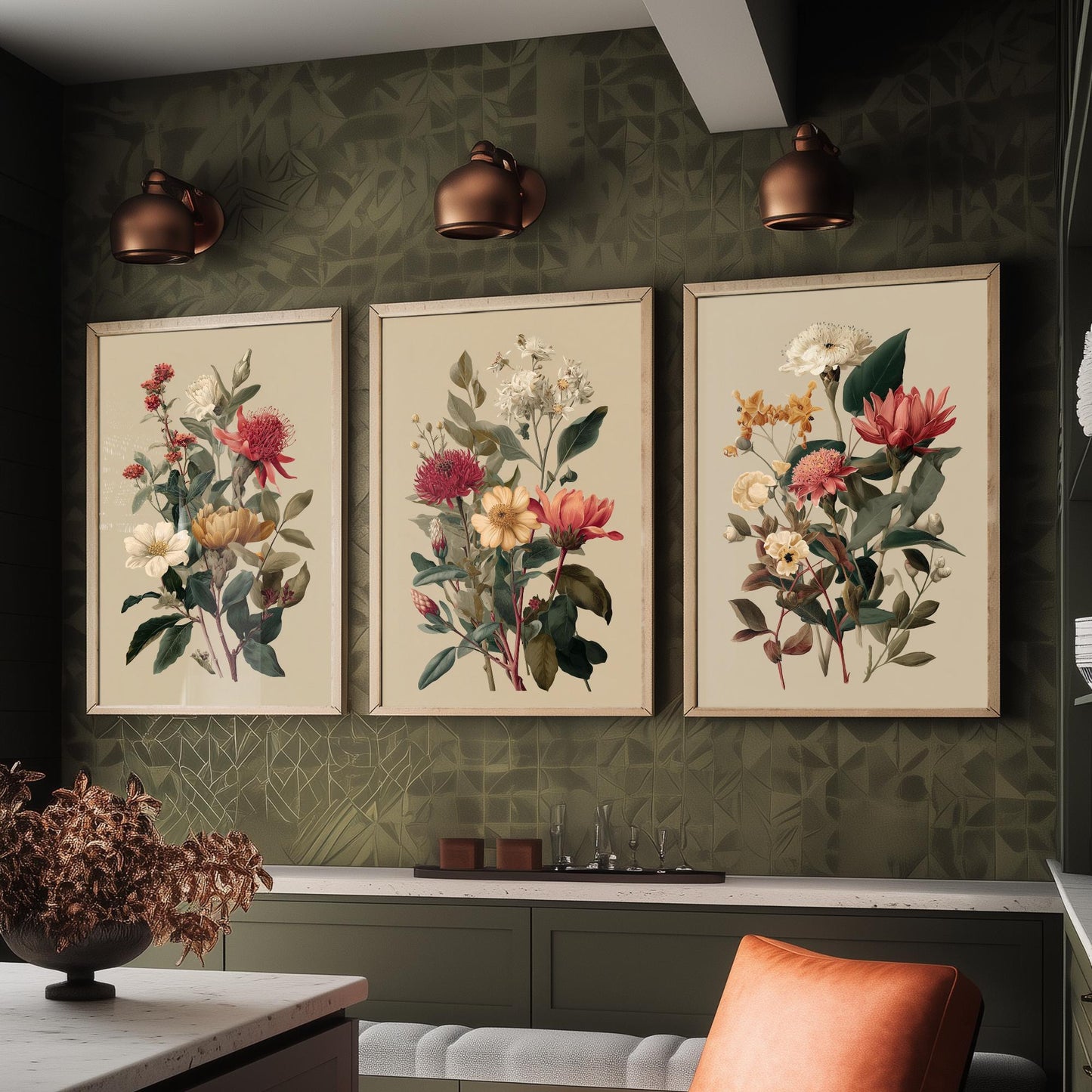 Vintage Botanical Poster Set of Three Art Prints | Protea Camellia Dahlia Illustration V12