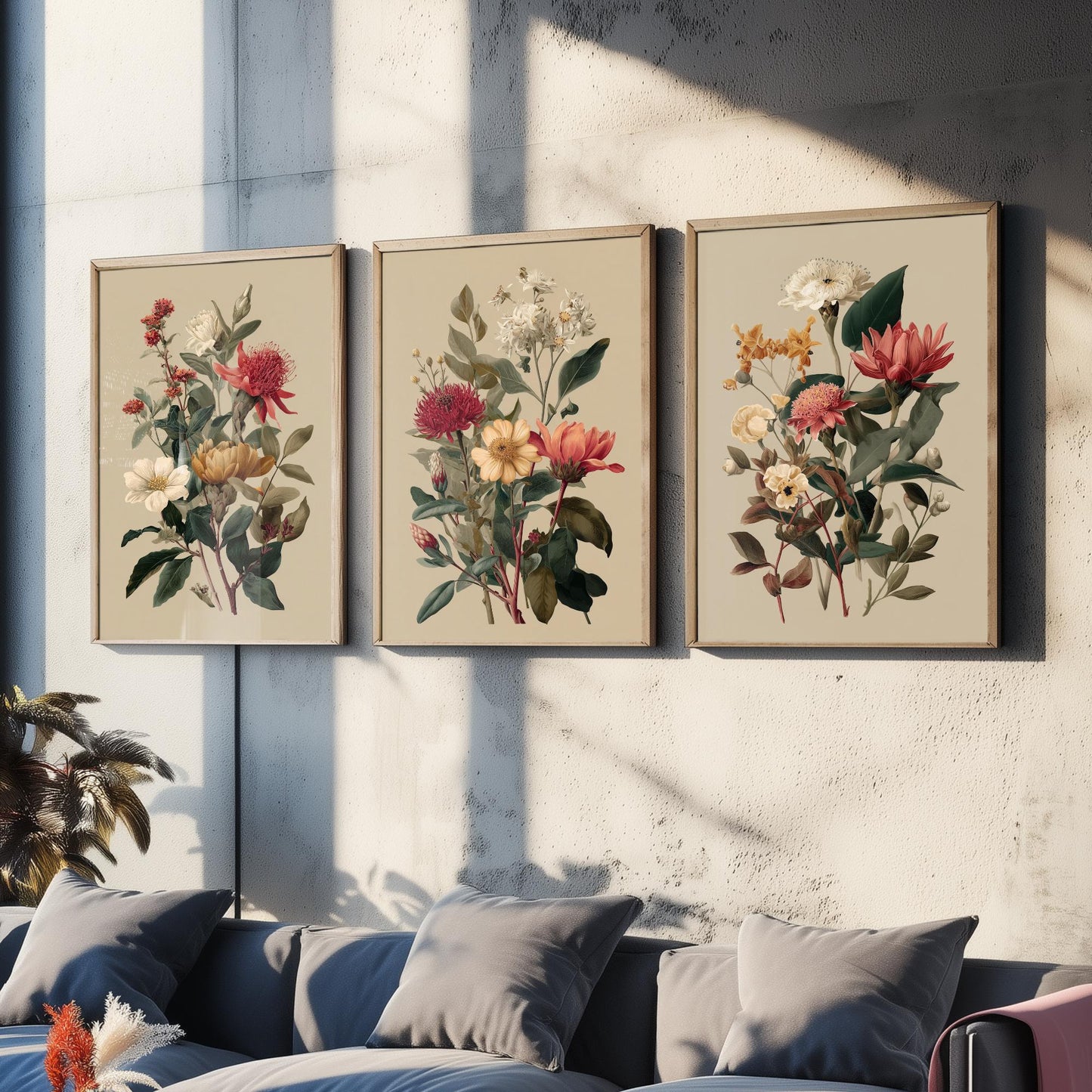Vintage Botanical Poster Set of Three Art Prints | Protea Camellia Dahlia Illustration V12
