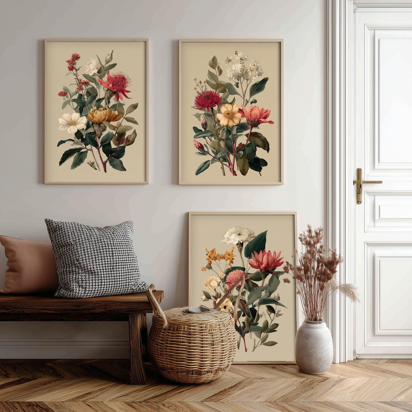 Vintage Botanical Poster Set of Three Art Prints | Protea Camellia Dahlia Illustration V12
