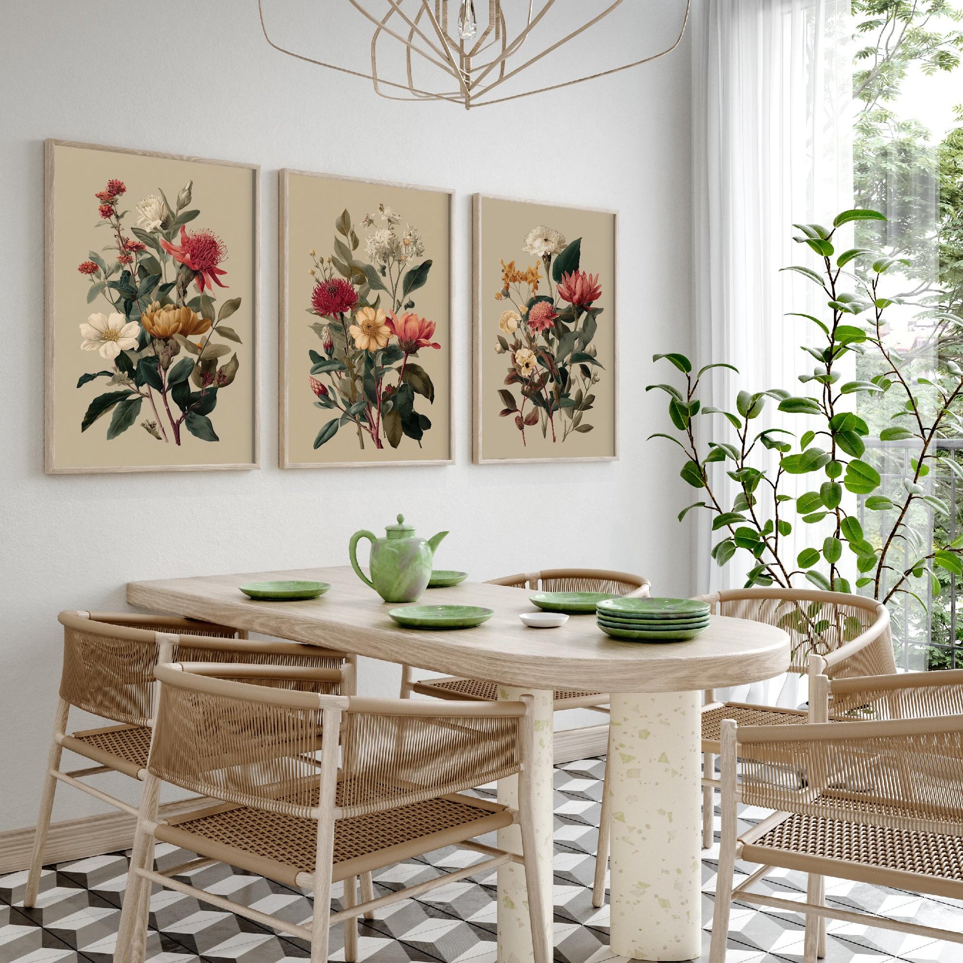 Vintage Botanical Poster Set of Three Art Prints | Protea Camellia Dahlia Illustration V12