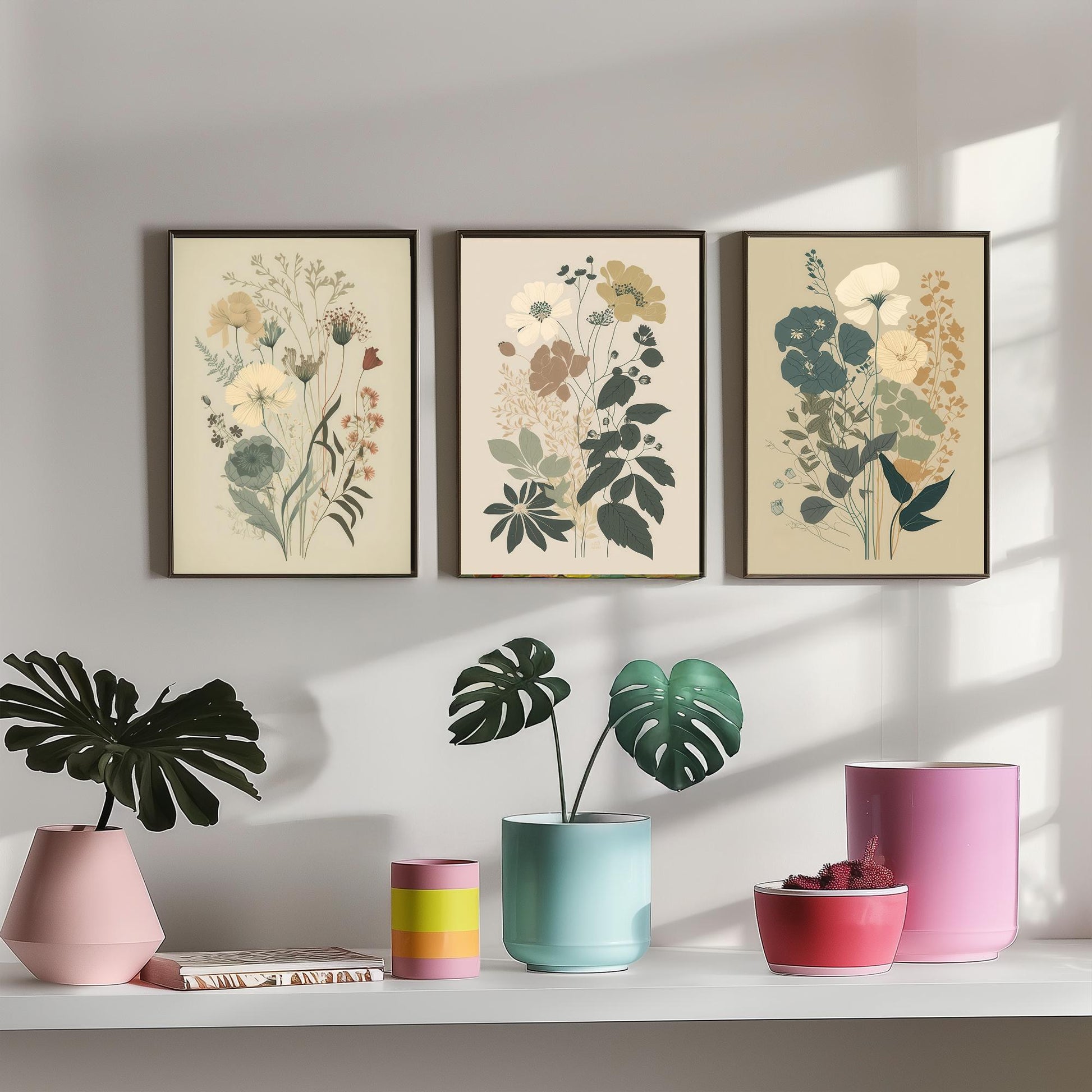 Vintage Floral Poster Set of Three Art Prints | Poppy Cosmos Folk Art Illustration V13