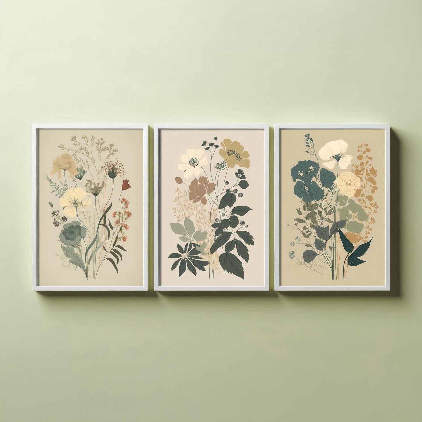 Vintage Floral Poster Set of Three Art Prints | Poppy Cosmos Folk Art Illustration V13