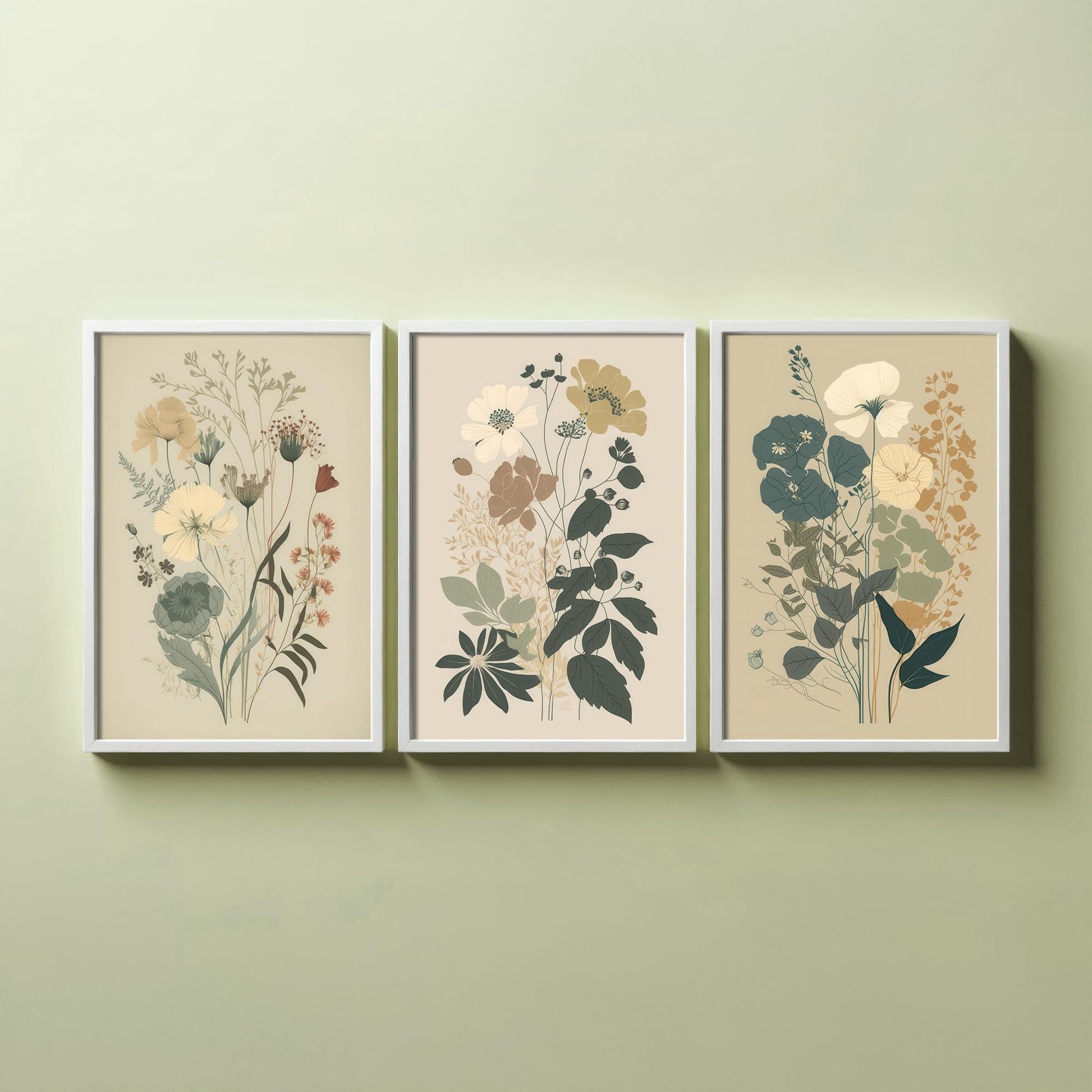 Vintage Floral Poster Set of Three Art Prints | Poppy Cosmos Folk Art Illustration V13