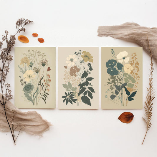 Vintage Floral Poster Set of Three Art Prints | Poppy Cosmos Folk Art Illustration V13