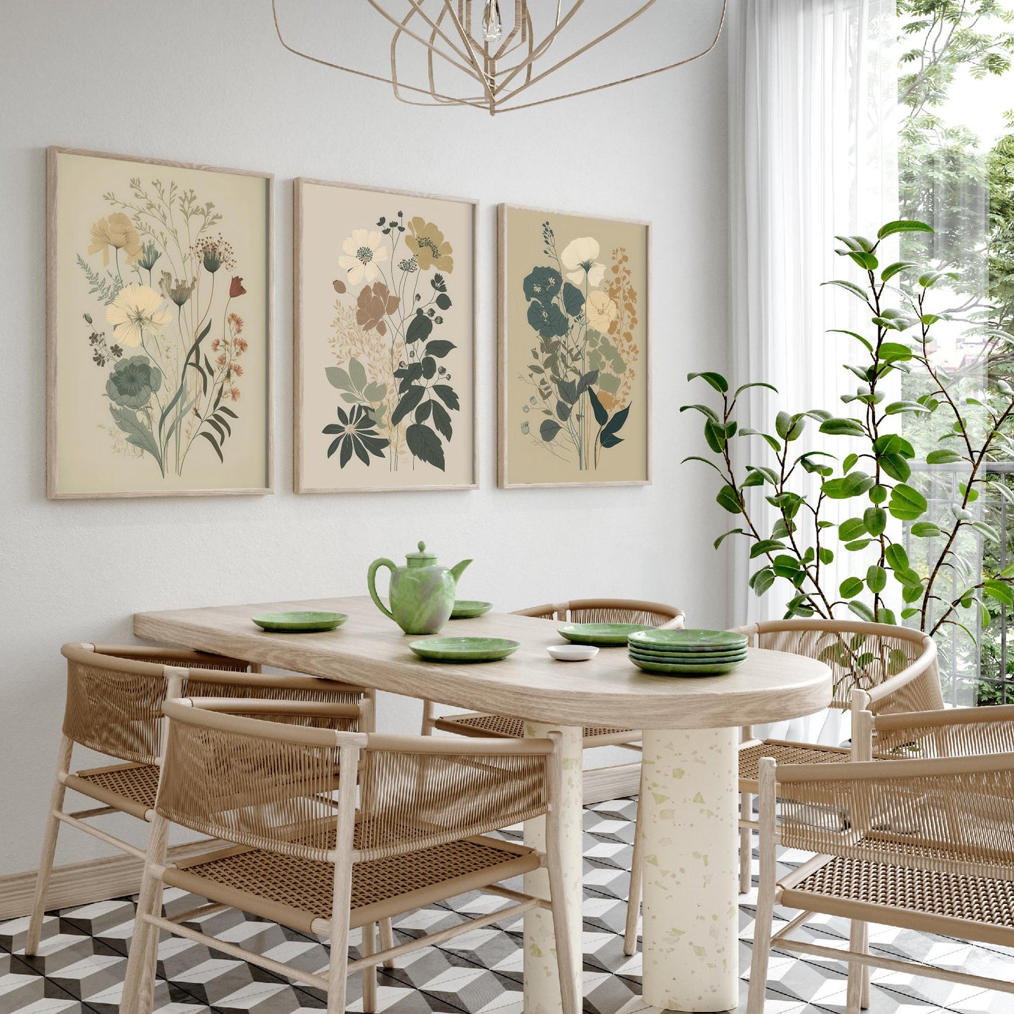 Vintage Floral Poster Set of Three Art Prints | Poppy Cosmos Folk Art Illustration V13