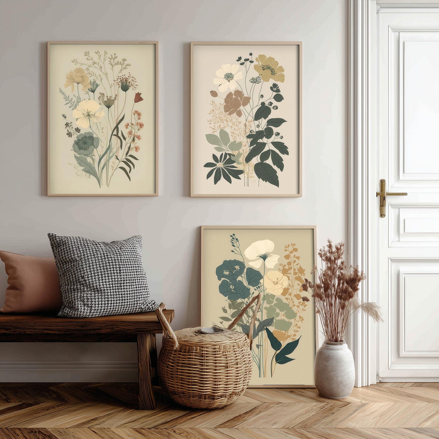Vintage Floral Poster Set of Three Art Prints | Poppy Cosmos Folk Art Illustration V13