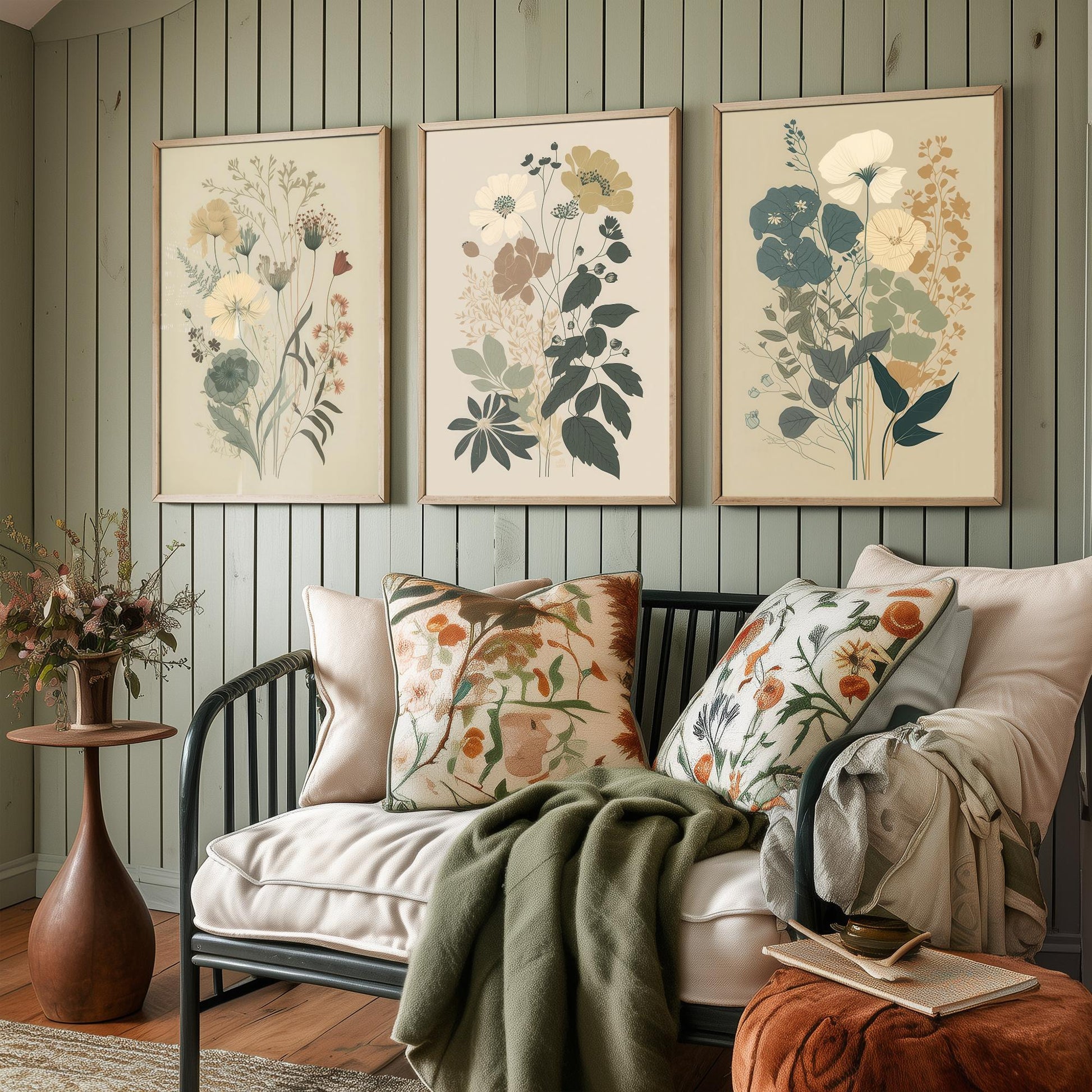 Vintage Floral Poster Set of Three Art Prints | Poppy Cosmos Folk Art Illustration V13