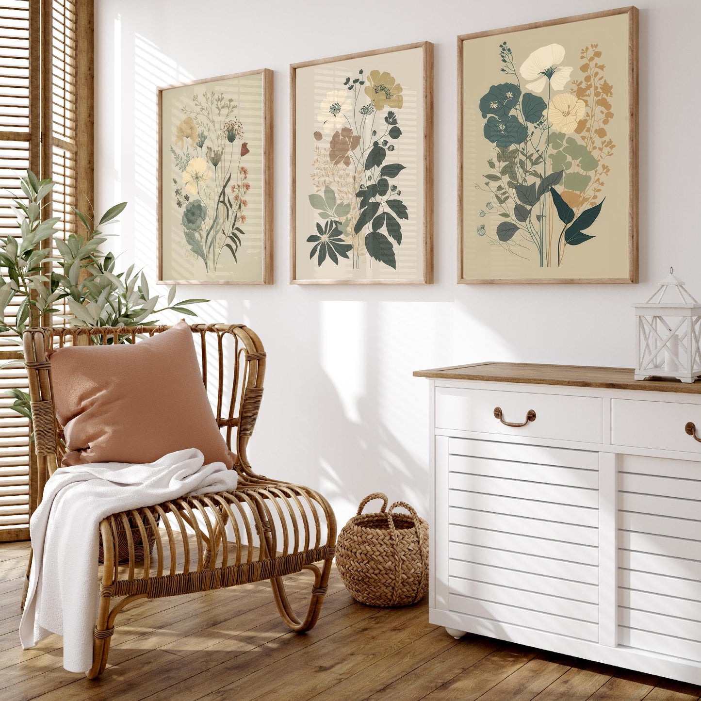Vintage Floral Poster Set of Three Art Prints | Poppy Cosmos Folk Art Illustration V13