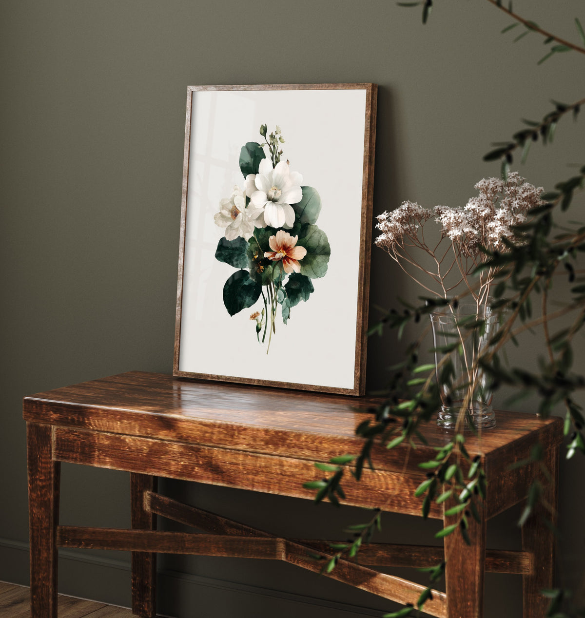 Vintage Flower Watercolour Art Print - Bouquet Poster - Botanical Watercolour - Green White Blooms V14 2/3