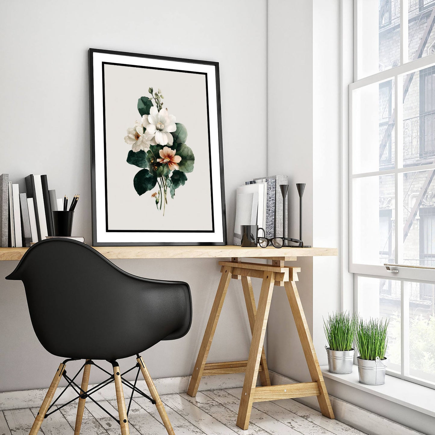 Vintage Flower Watercolour Art Print - Bouquet Poster - Botanical Watercolour - Green White Blooms V14 2/3