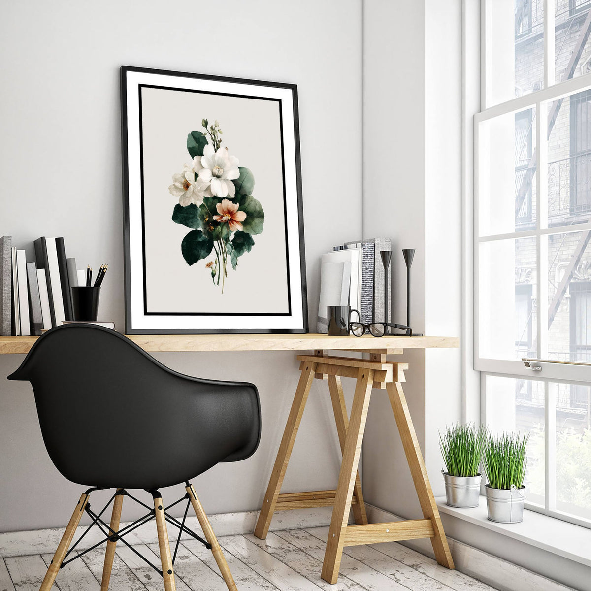 Vintage Flower Watercolour Art Print - Bouquet Poster - Botanical Watercolour - Green White Blooms V14 2/3