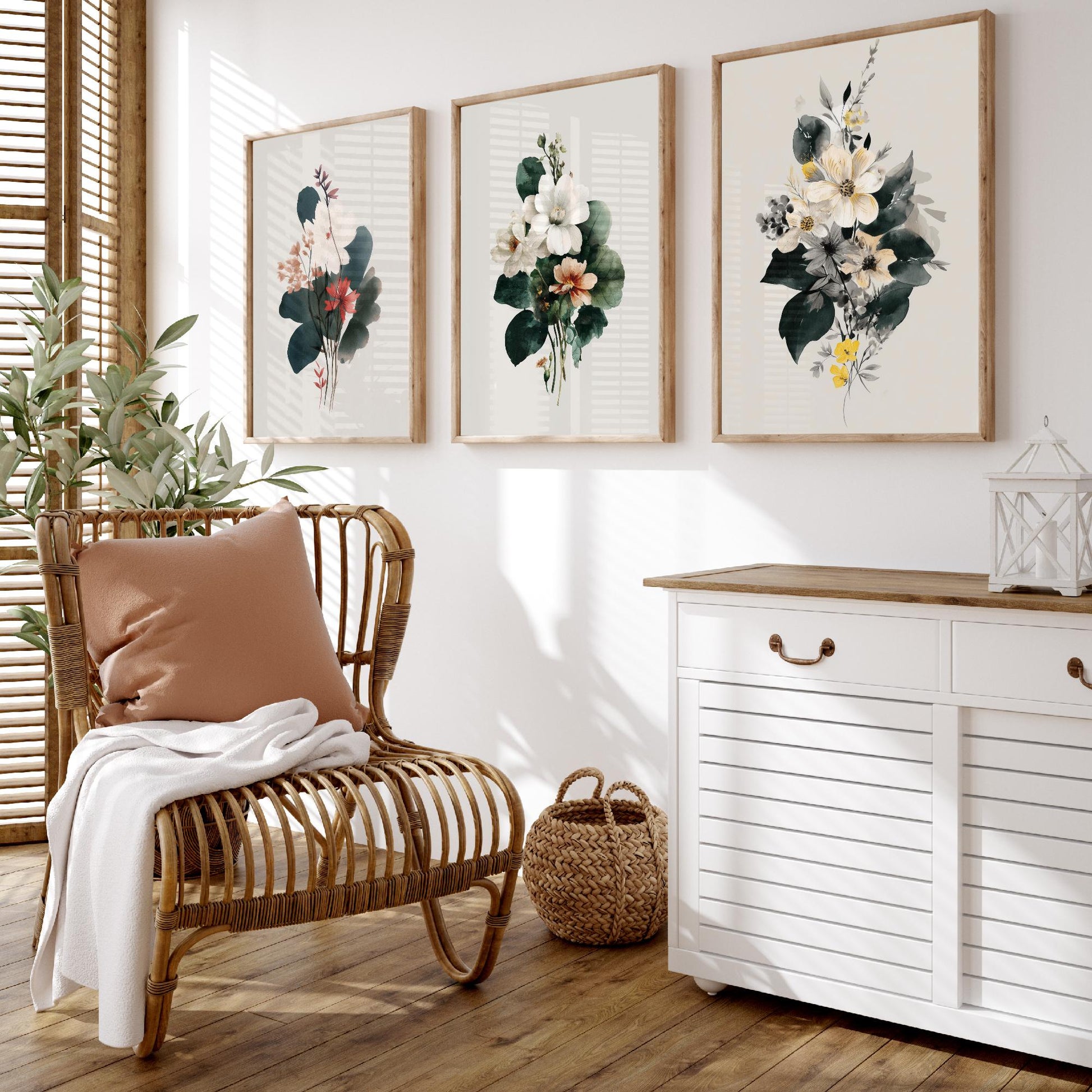 Vintage Floral Poster Set of Three Art Prints | Magnolia Camellia Bouquet Watercolour V14