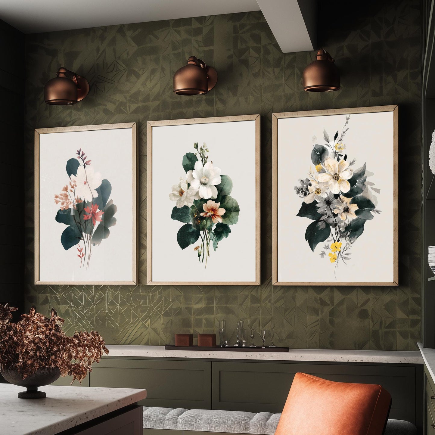 Vintage Floral Poster Set of Three Art Prints | Magnolia Camellia Bouquet Watercolour V14