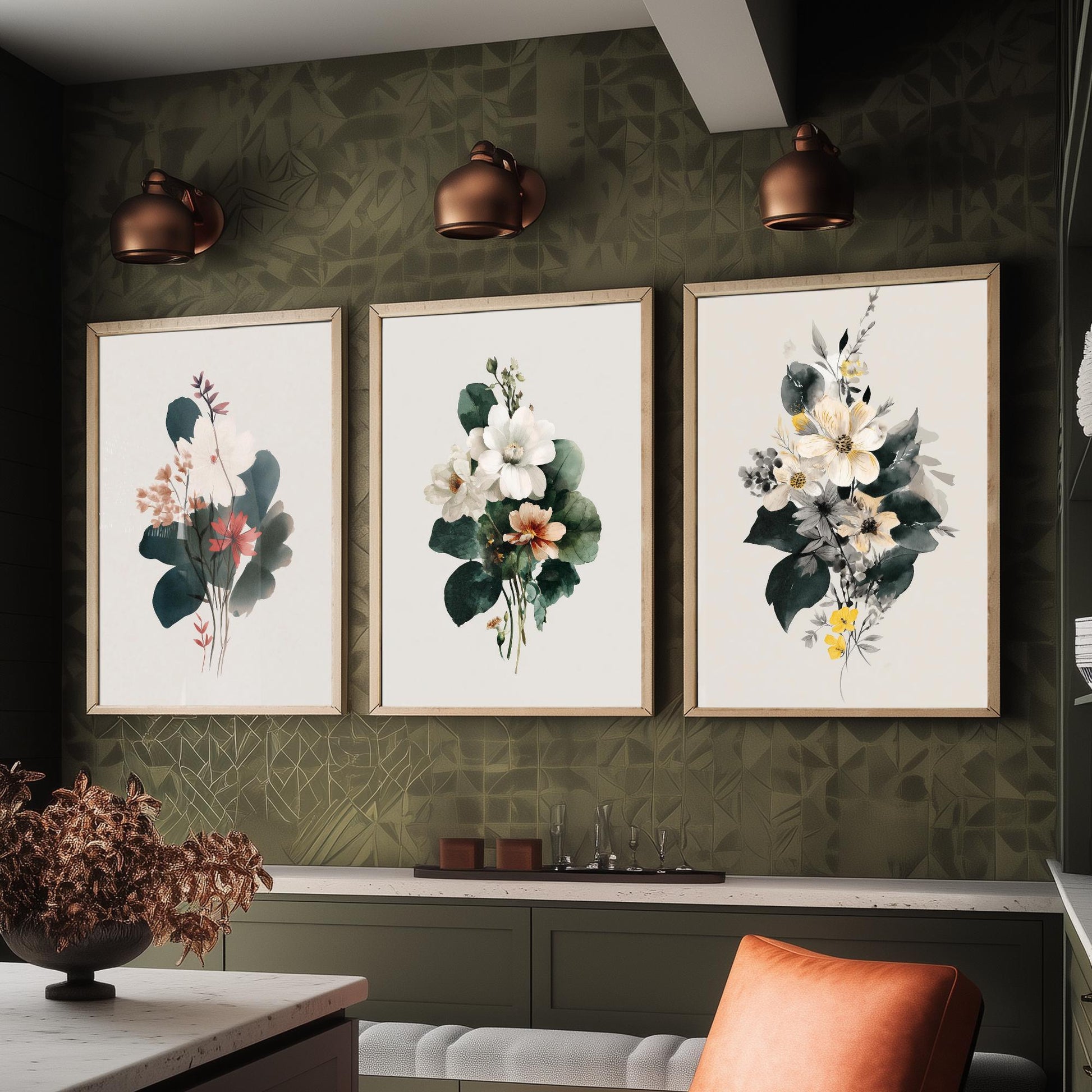 Vintage Floral Poster Set of Three Art Prints | Magnolia Camellia Bouquet Watercolour V14