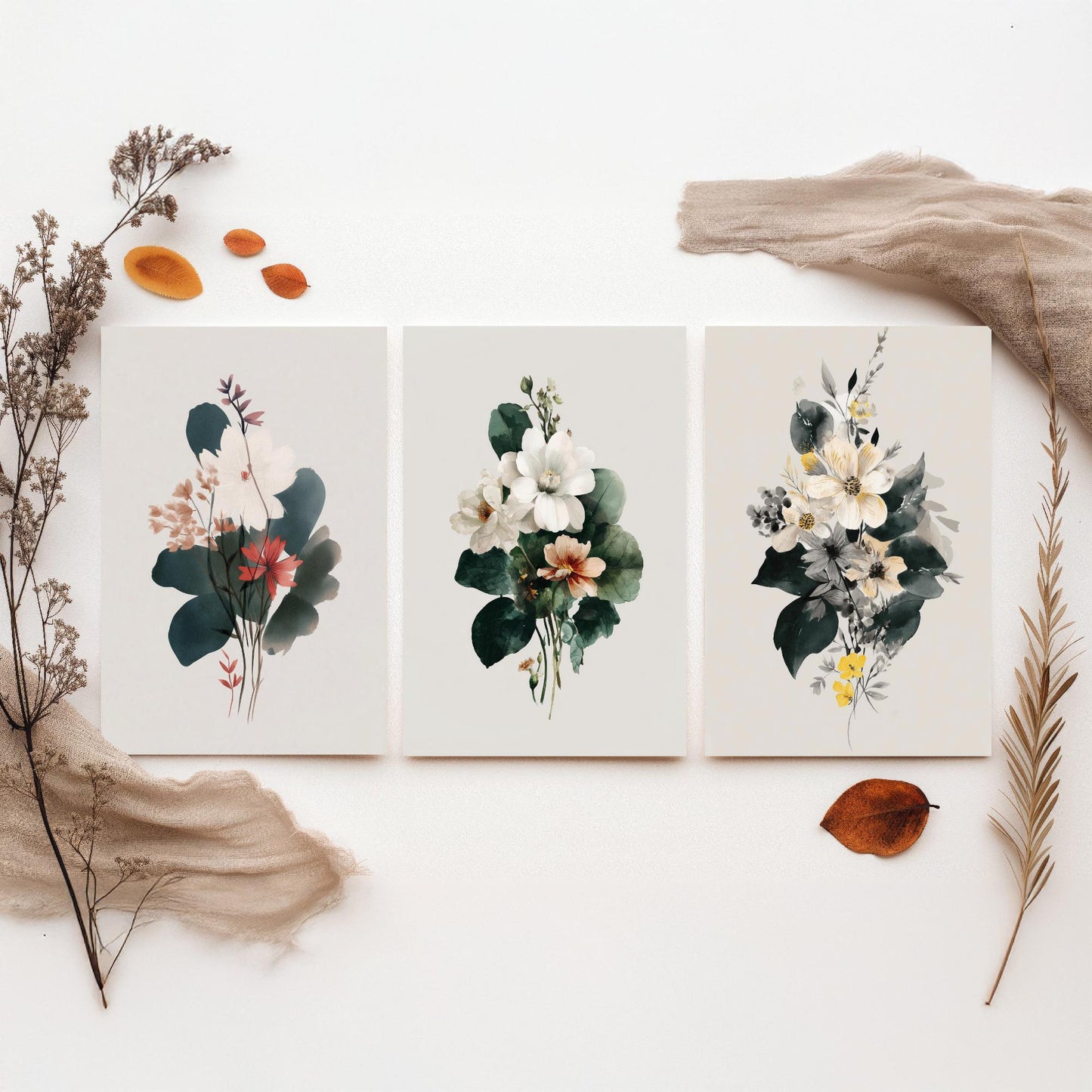 Vintage Floral Poster Set of Three Art Prints | Magnolia Camellia Bouquet Watercolour V14